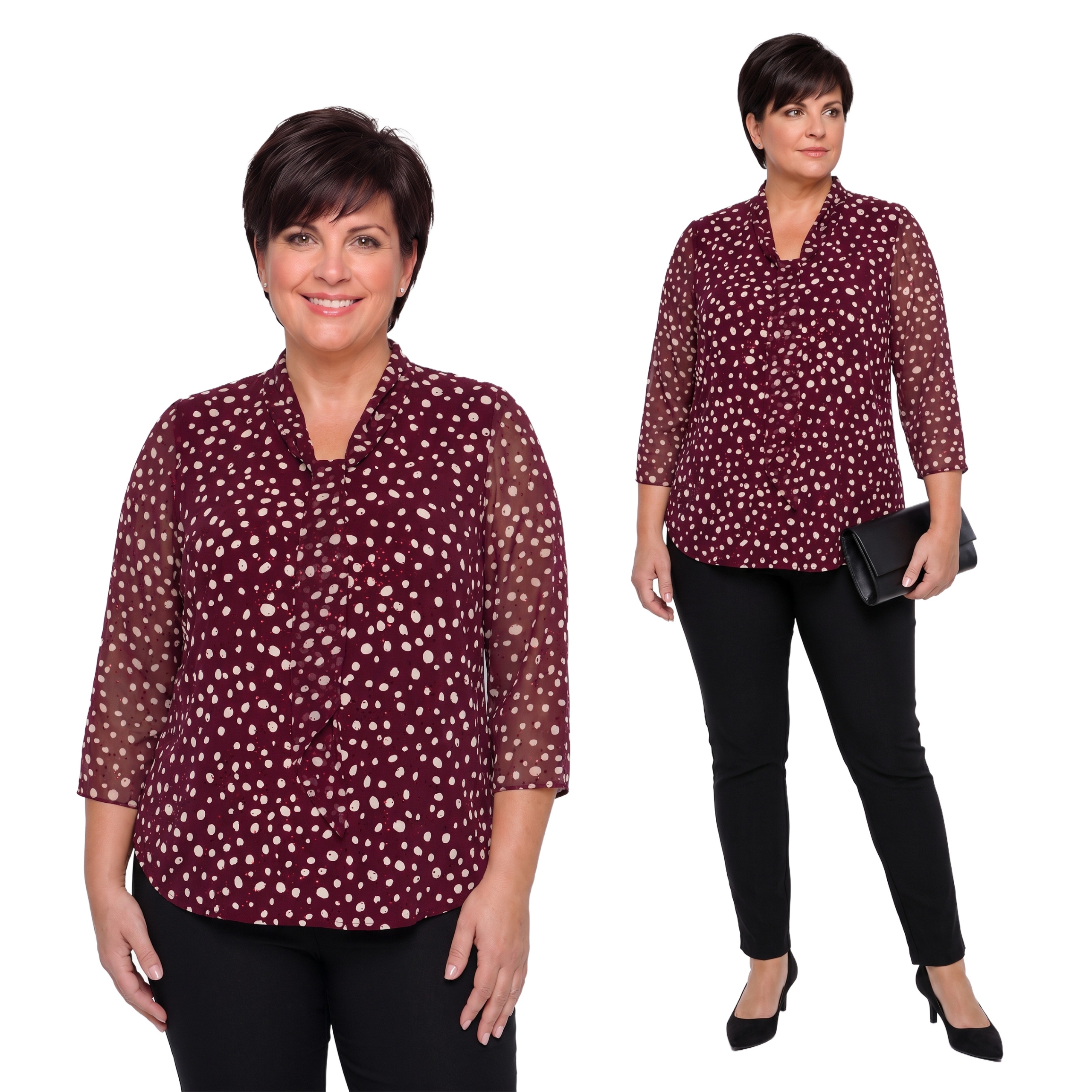 Bordó halenka s béžovými puntíky a zavazováním plus size velikost 54