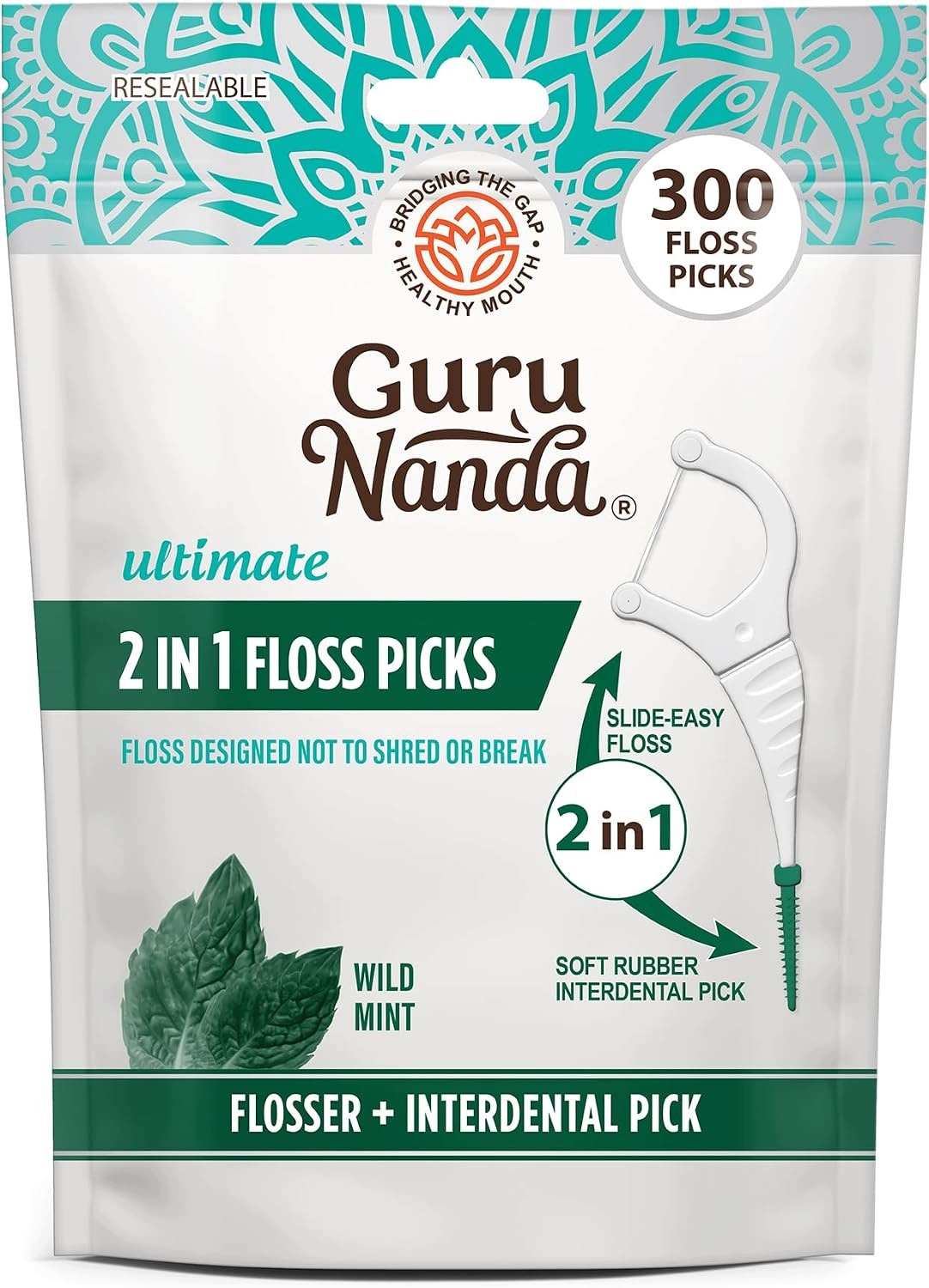 GuruNanda 2w1 niciomat wykałaczki z nitką Wild Mint 300szt Usa