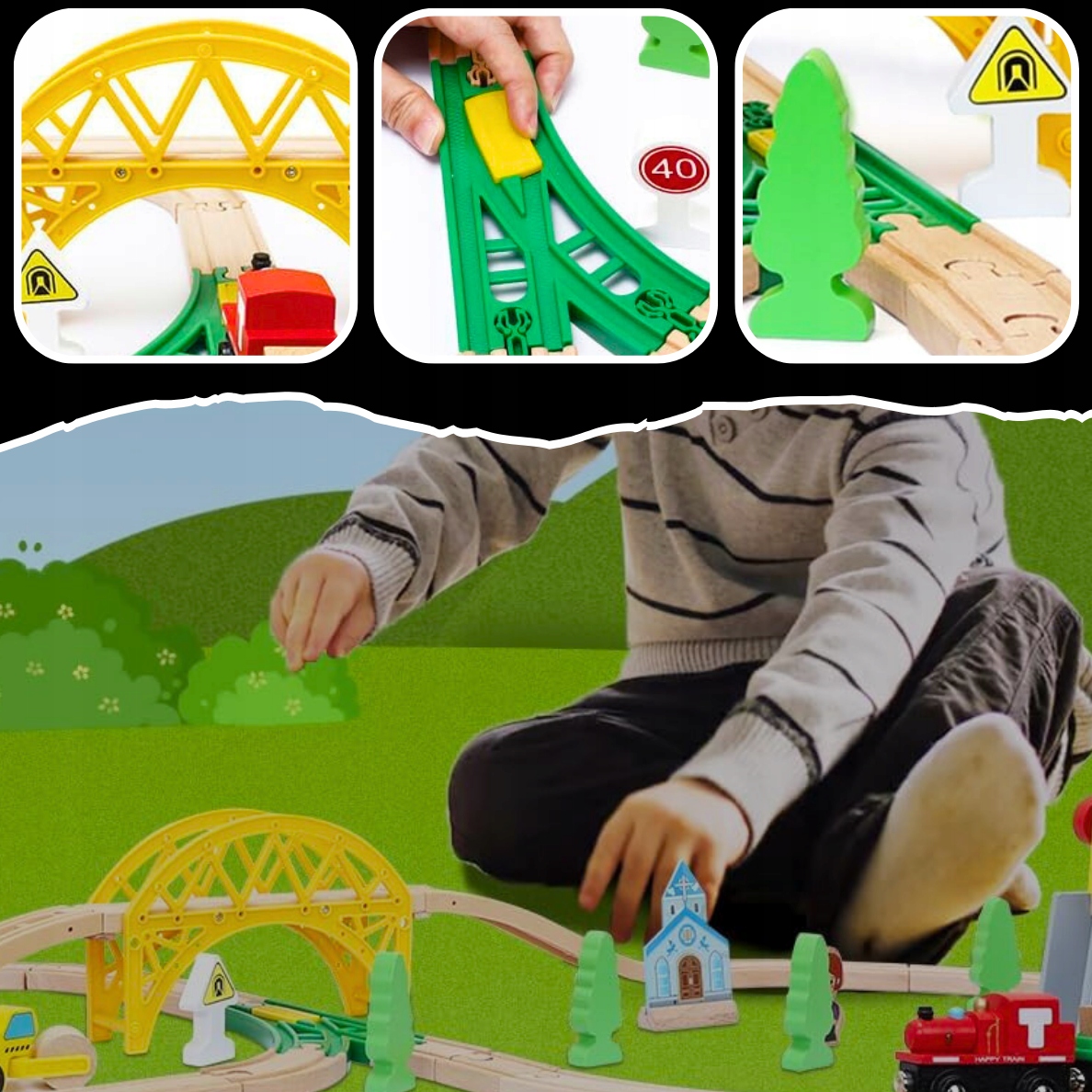 Kolejka Drewniana Pociąg Tor Tory Lokomotywa + Wagony Napęd elektryczny nie