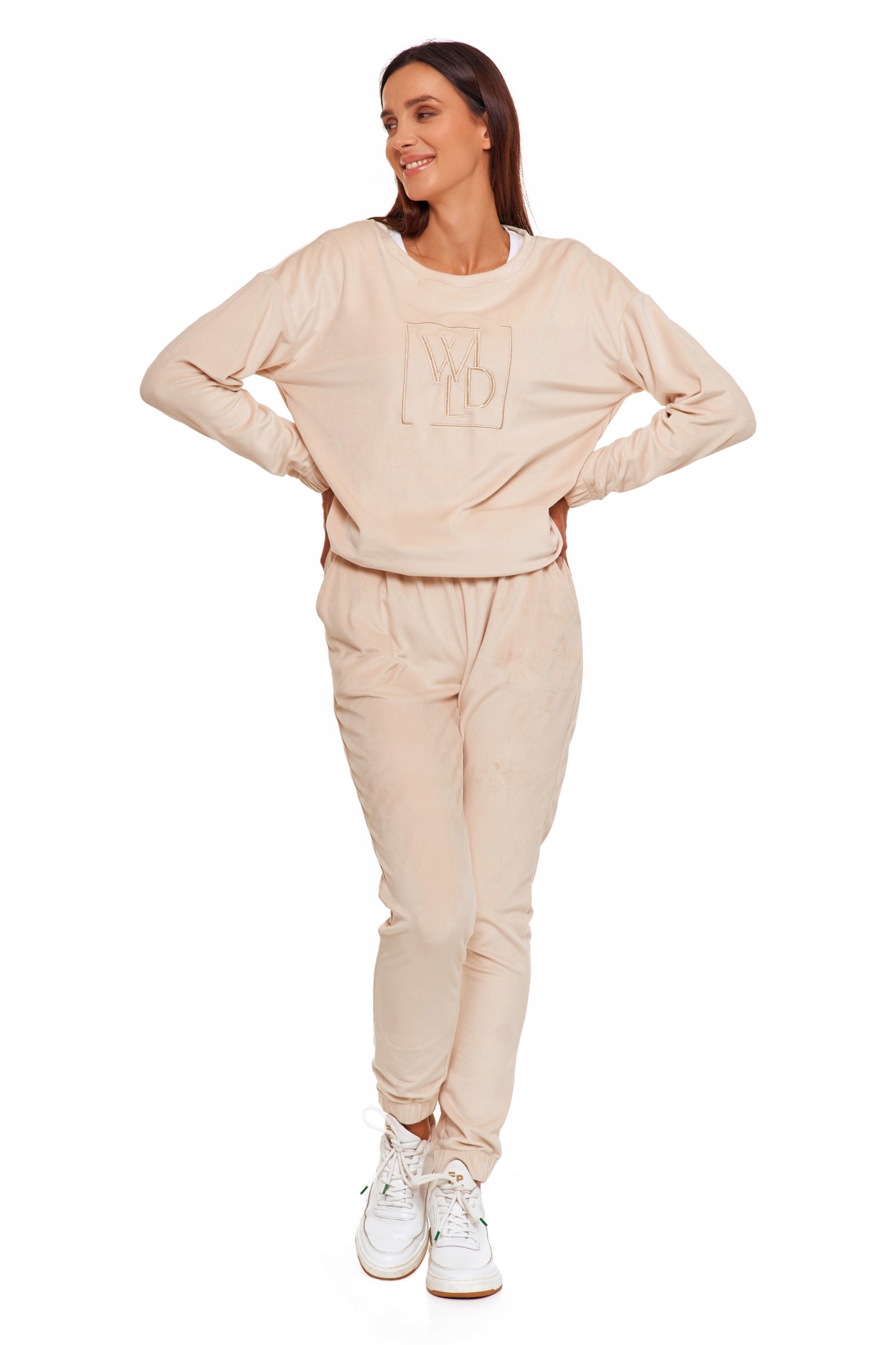 SPODNIE DRESOWE WELUROWE DAMSKIE BEŻOWE GŁADKIE WELUR MORAJ - XL Długość nogawki długa