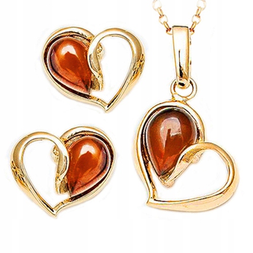 Pozlacený Komplet srdíčko z Jantaru ze stříbra řetízek Na Dárek