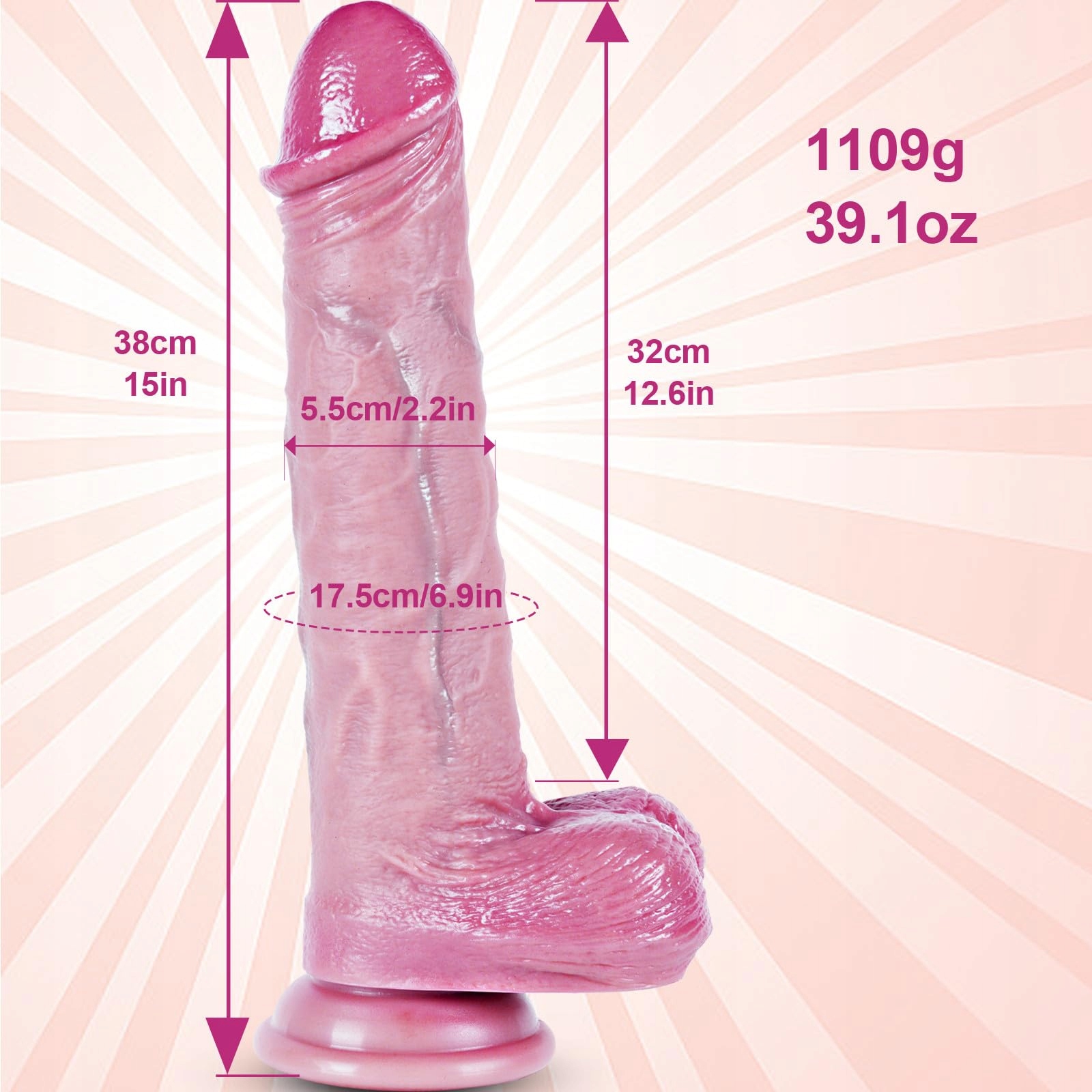 XXL TOYS Realistyczny Dildo 38 cm Z Silikonu Z Silną Przyssawką — miniatura 8