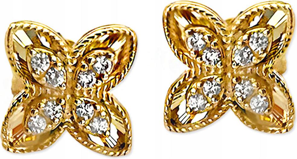 Zlaté náušnice 585 jemné kvítky s bílými zirkony na tyčince