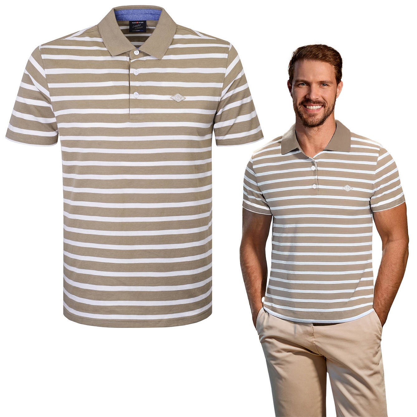 polokošile Pánské Béžovo-bílé s proužky Bavlněné Hasimi 2XL Pako Jeans