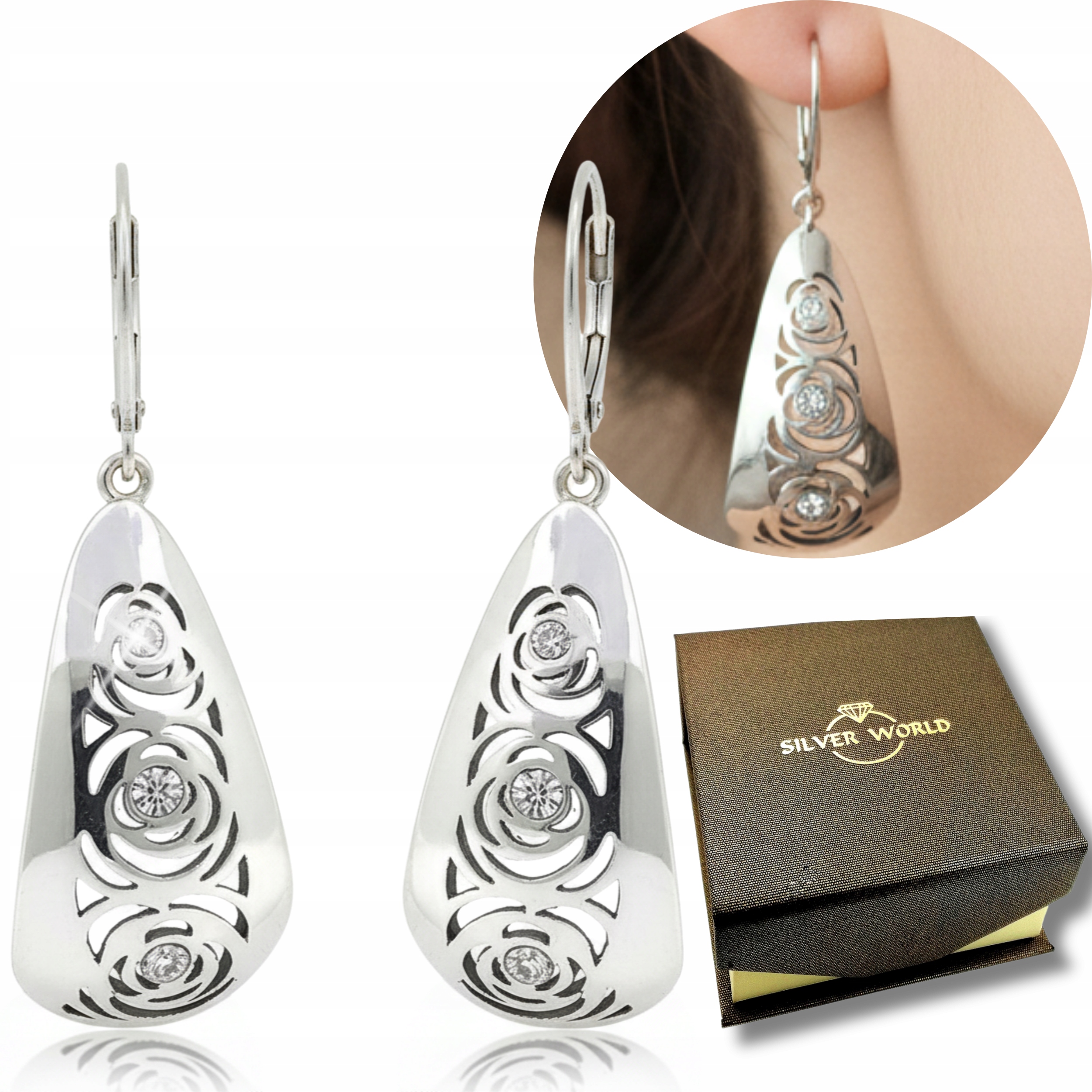 Stříbrné Náušnice 925 Závěsné Zirkony Swarovski Jako Dárek Gravírování Bonus