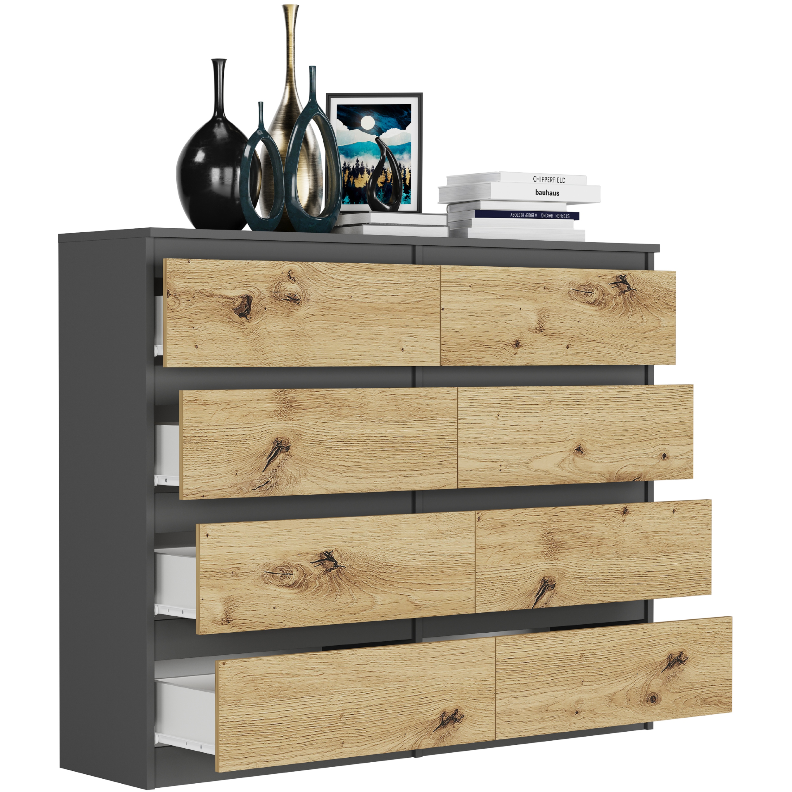 Nowoczesna KOMODA 120CM SZAFKA 8 SZUFLAD PL R-120-S8 ANTRACYT MIX ARTISAN