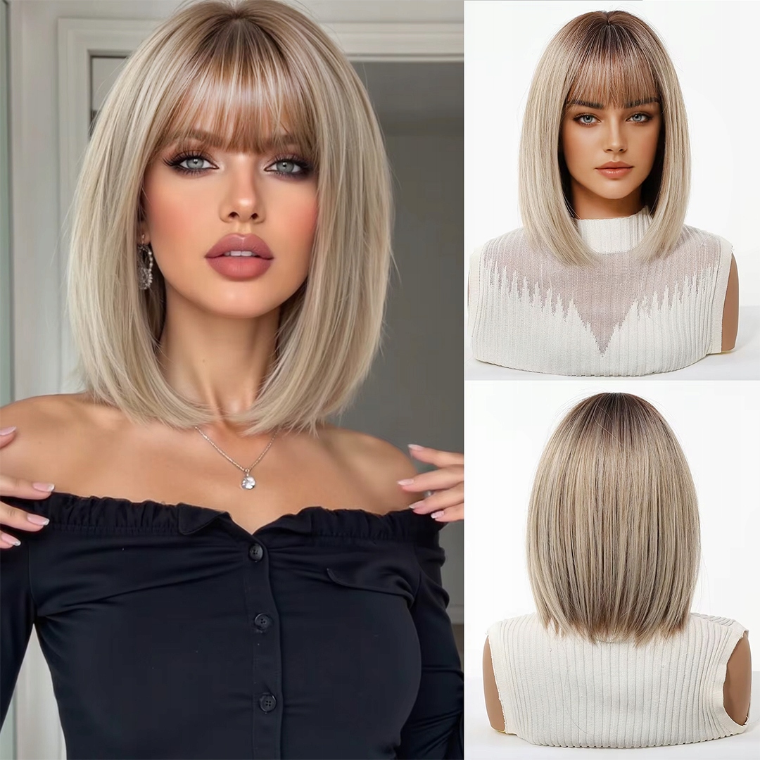 Dámská Paruka Bob Blond Ombre Rovné Vlasy S Ofinou Jako Přírodní Wig 35 cm
