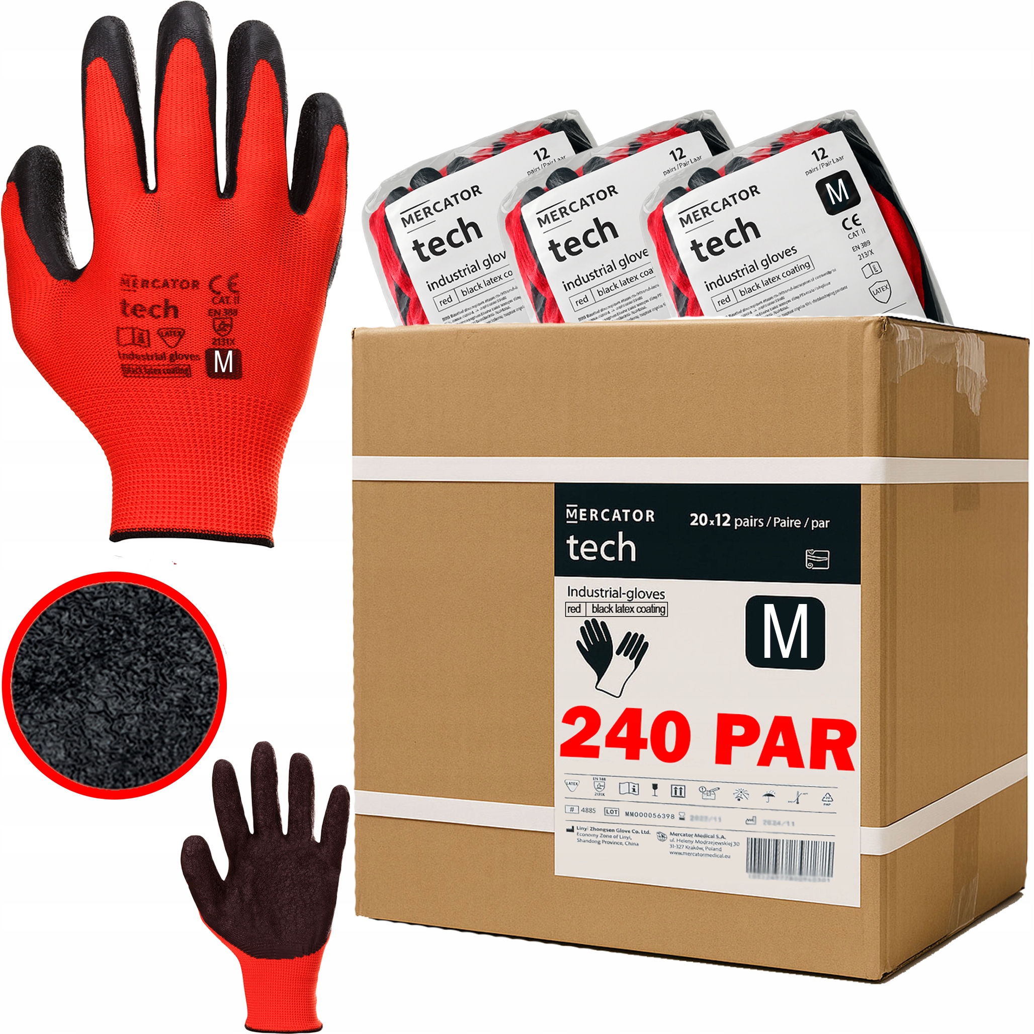 Pracovní Rukavice Red+Black Stahovák Mercator Tech Latex vel. M 240 párů