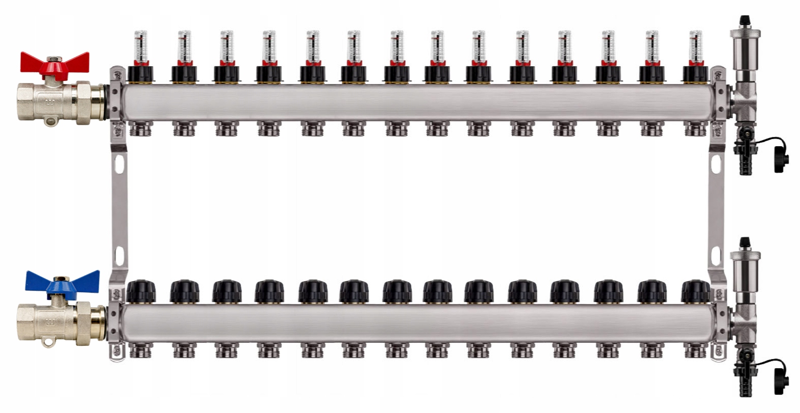 Rozdělovač Pro Podlahovku 14 Nerezových Okruhů Jednoduchý Niklovaný Ventil
