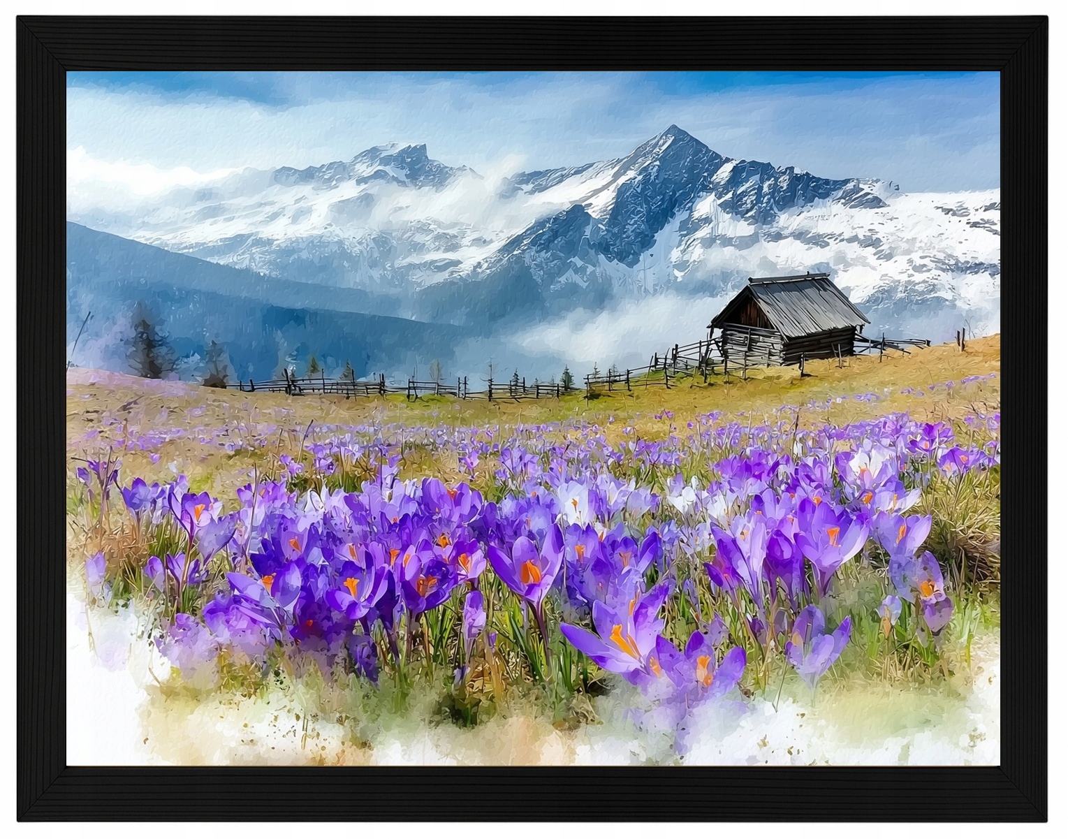 Plakát Rámeček Dřevo Krokusy Hory Chatka Polana Jaro Krajina 80x60