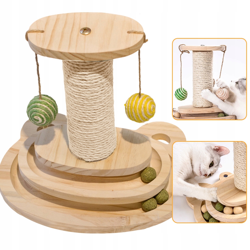 Levně Hračka Pro Kočky S Otočnými Policemi A Peříčky, Pružina, Přírodní Dřevo