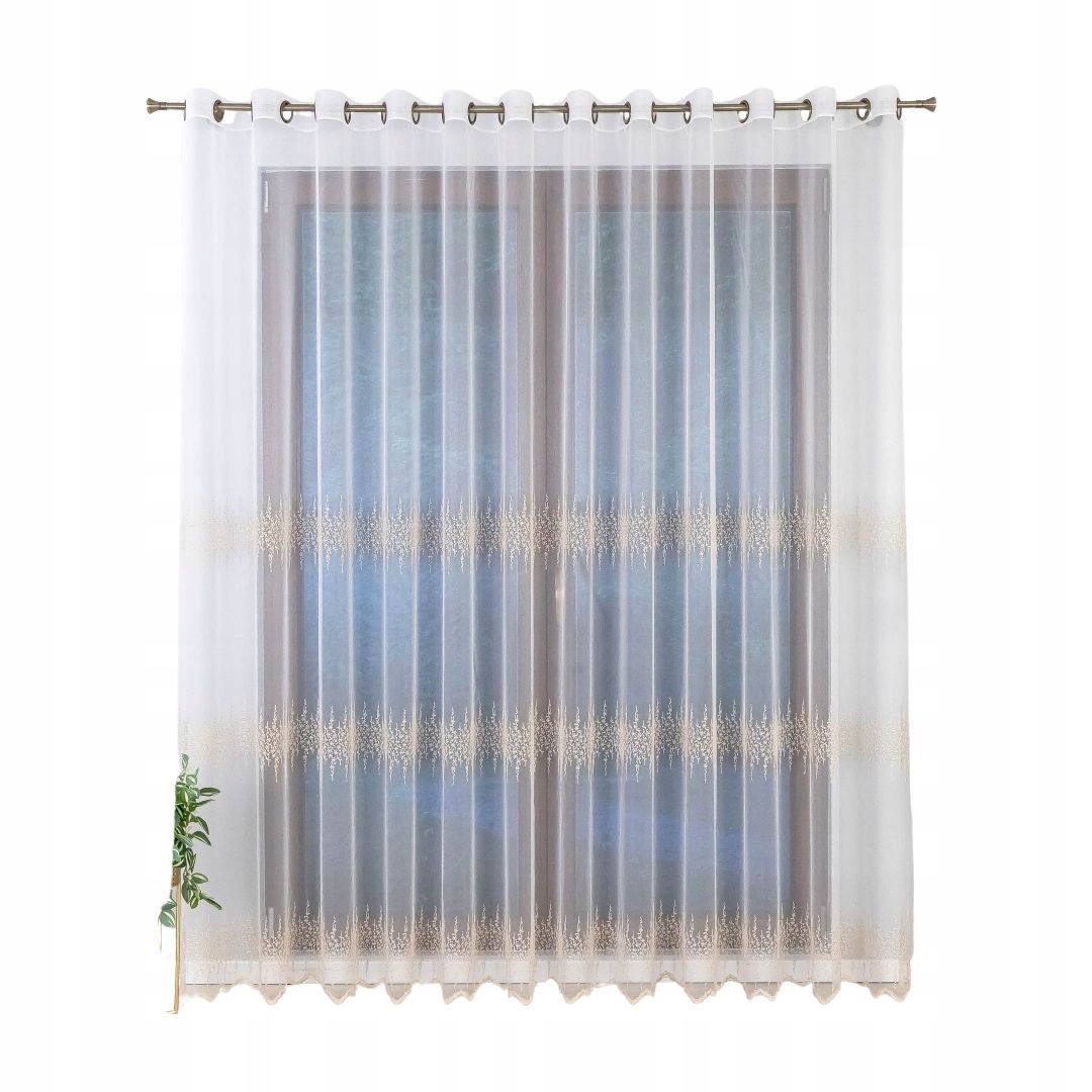 Markýzová záclona na průchodkách, bílá s béžovou výšivkou, 600 x 270 cm