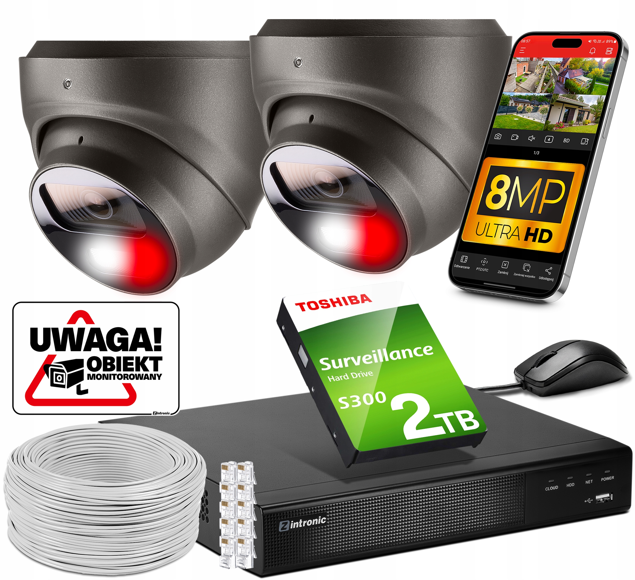 Sada Monitorování 2 kamer Poe 4K Ultra Hd 8Mpx Šedé kopule Detekce 2TB