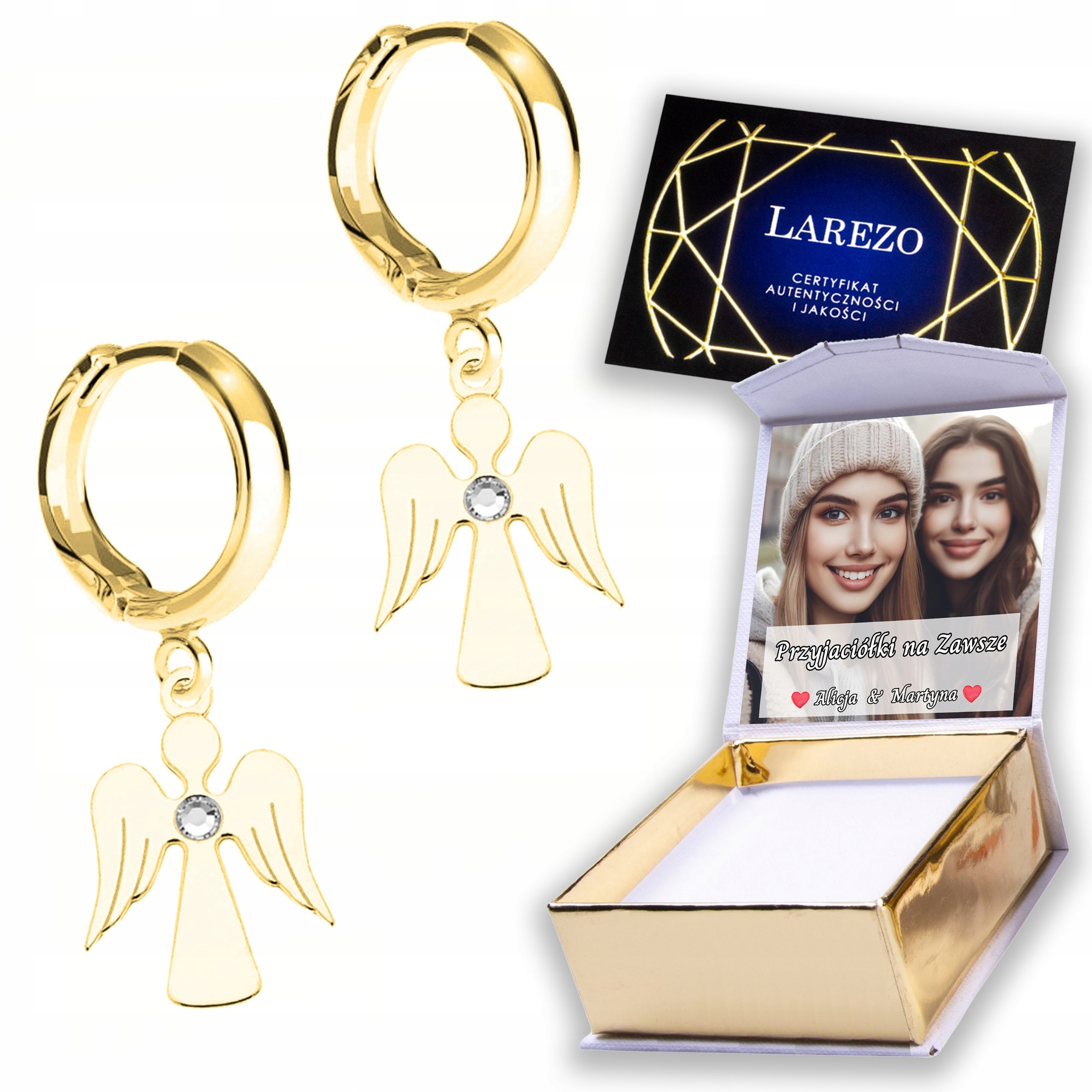 Zlaté Náušnice 925 Andělé strážní andělé se zirkonem Krystaly Potisk