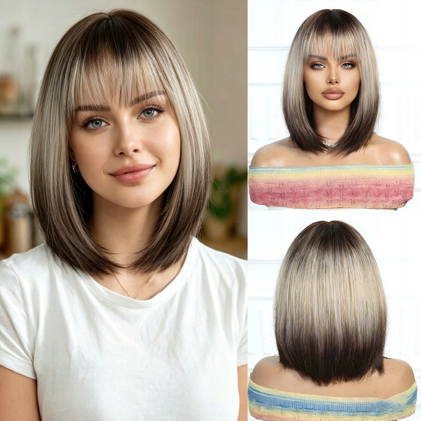 Dámská paruka Paruky Ombre Blond Polodlouhé Přírodní Bob Vlasy s ofinou