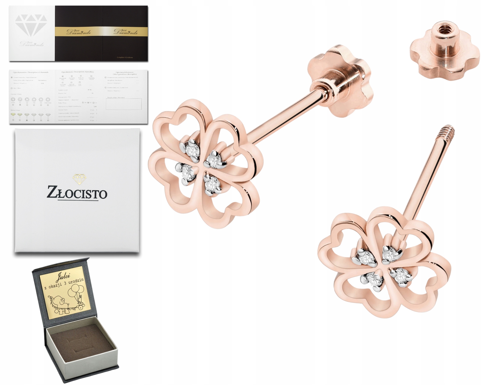 Růžové Zlato Náušnice Pro Štěstí Na Šroubovací Tyčince 585