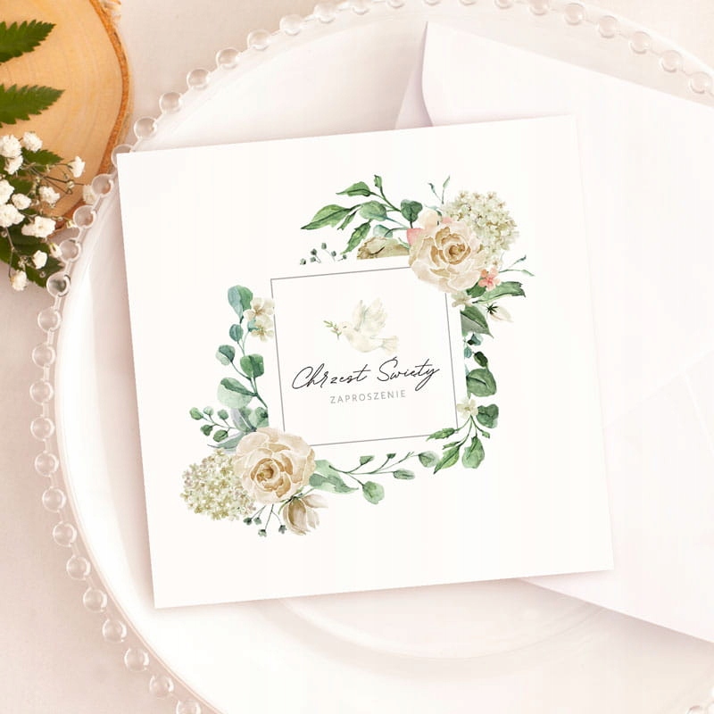 ZAPROSZENIA na Chrzest Św Kwiaty z gołąbkiem 10SZT Marka bez marki