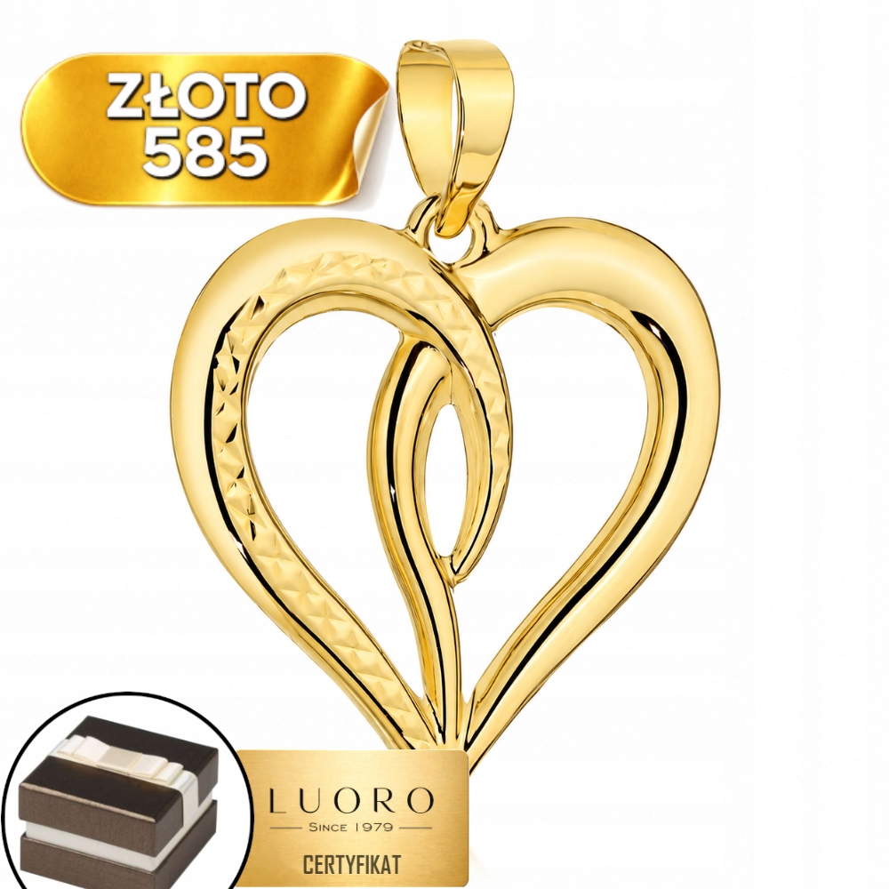 Zlatý Přívěsek 585 14K Splétané Srdce Diamantové 2 CM Elegantní