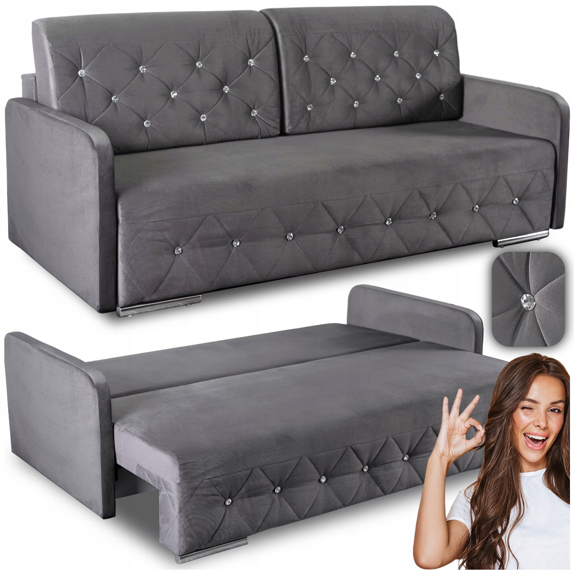 Sofa Kanapa Rozkładana z Funkcją Spania Wersalka Glamour Szara Vivo