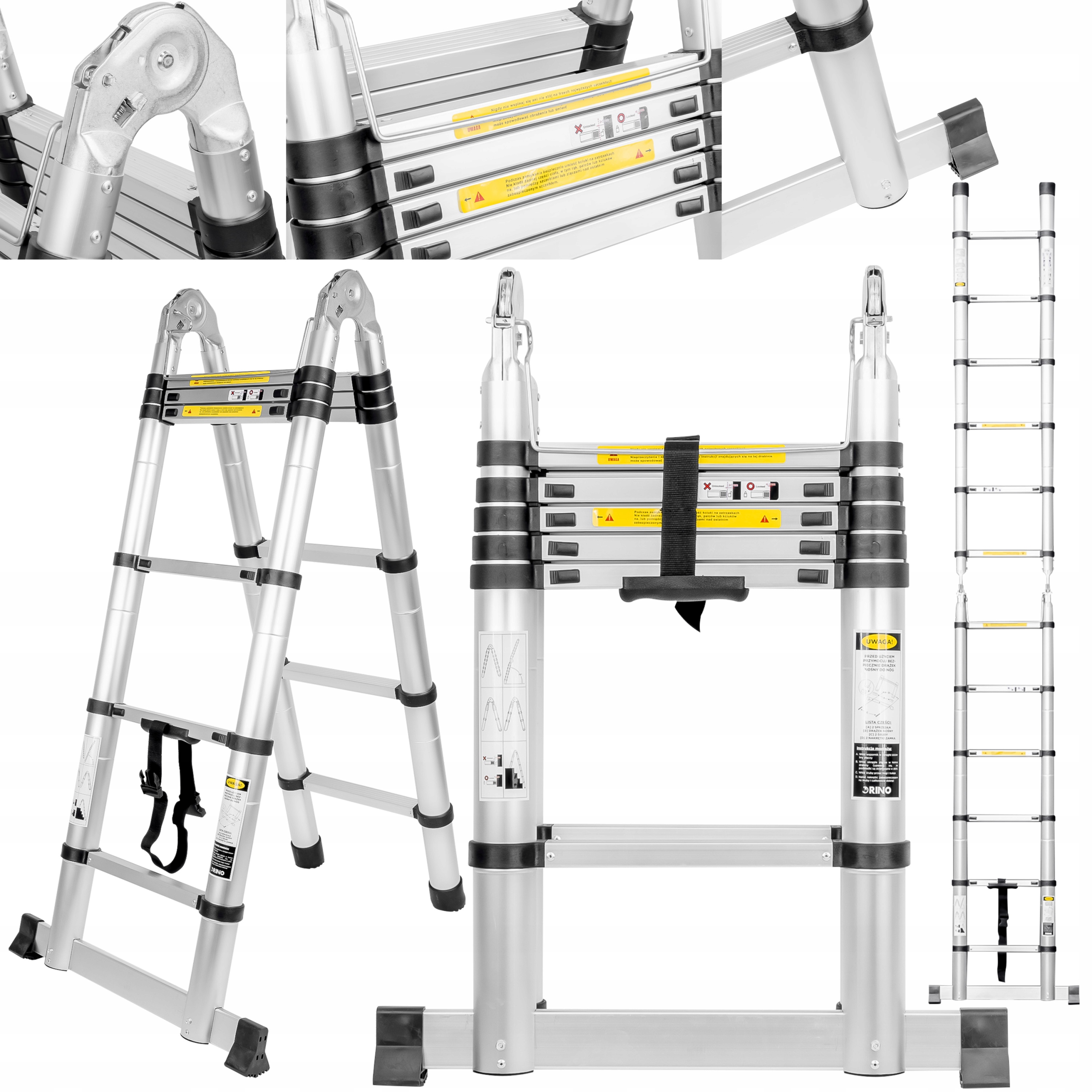 DRABINA ALUMINIOWA TELESKOPOWA PRZEGUBOWA 3,2 m ROZKŁADANA RINO 150kg LEKKA