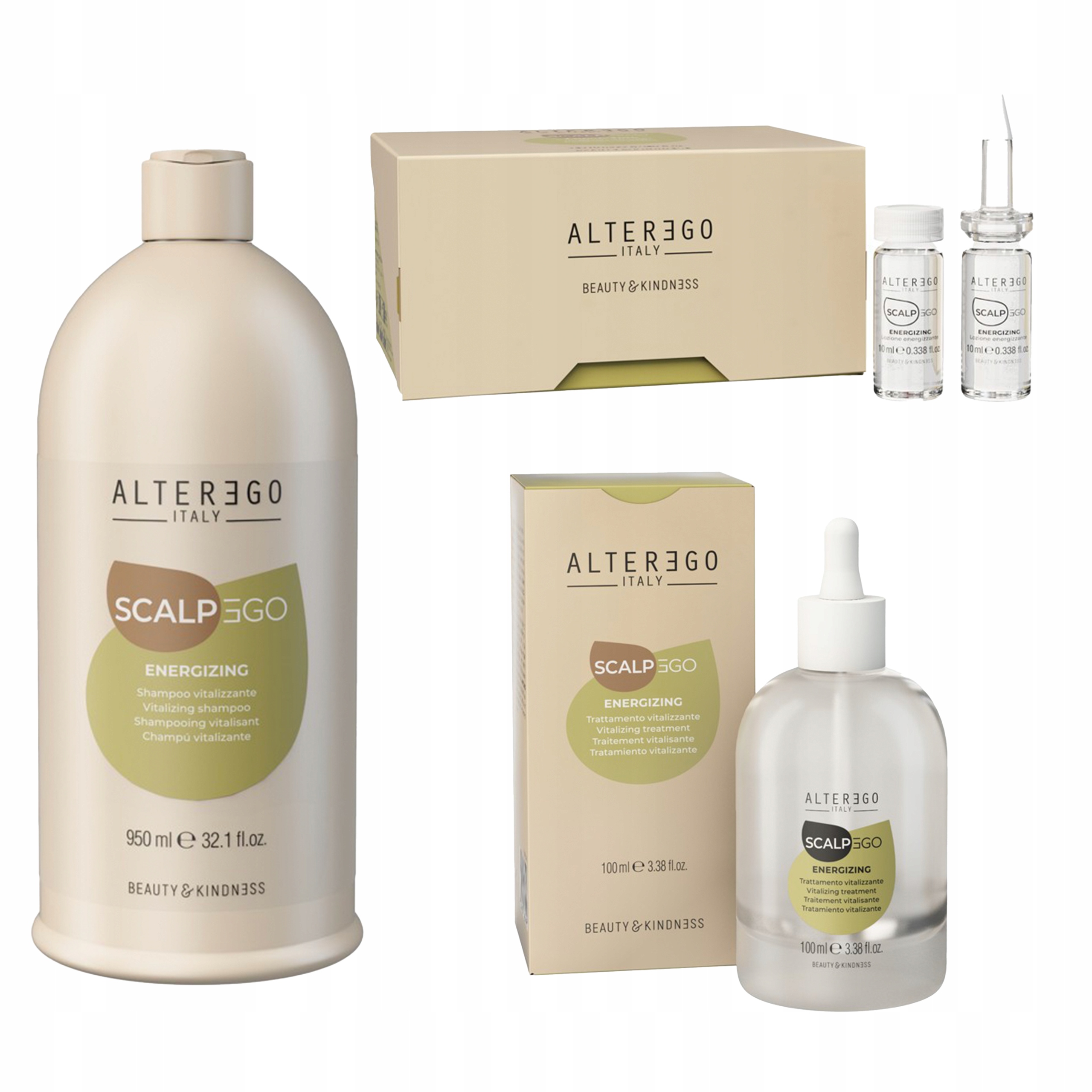 Alter Scalpego Energizing Šampon 950 ml Tonikum 100 ml Ampule 12 x 10 ml