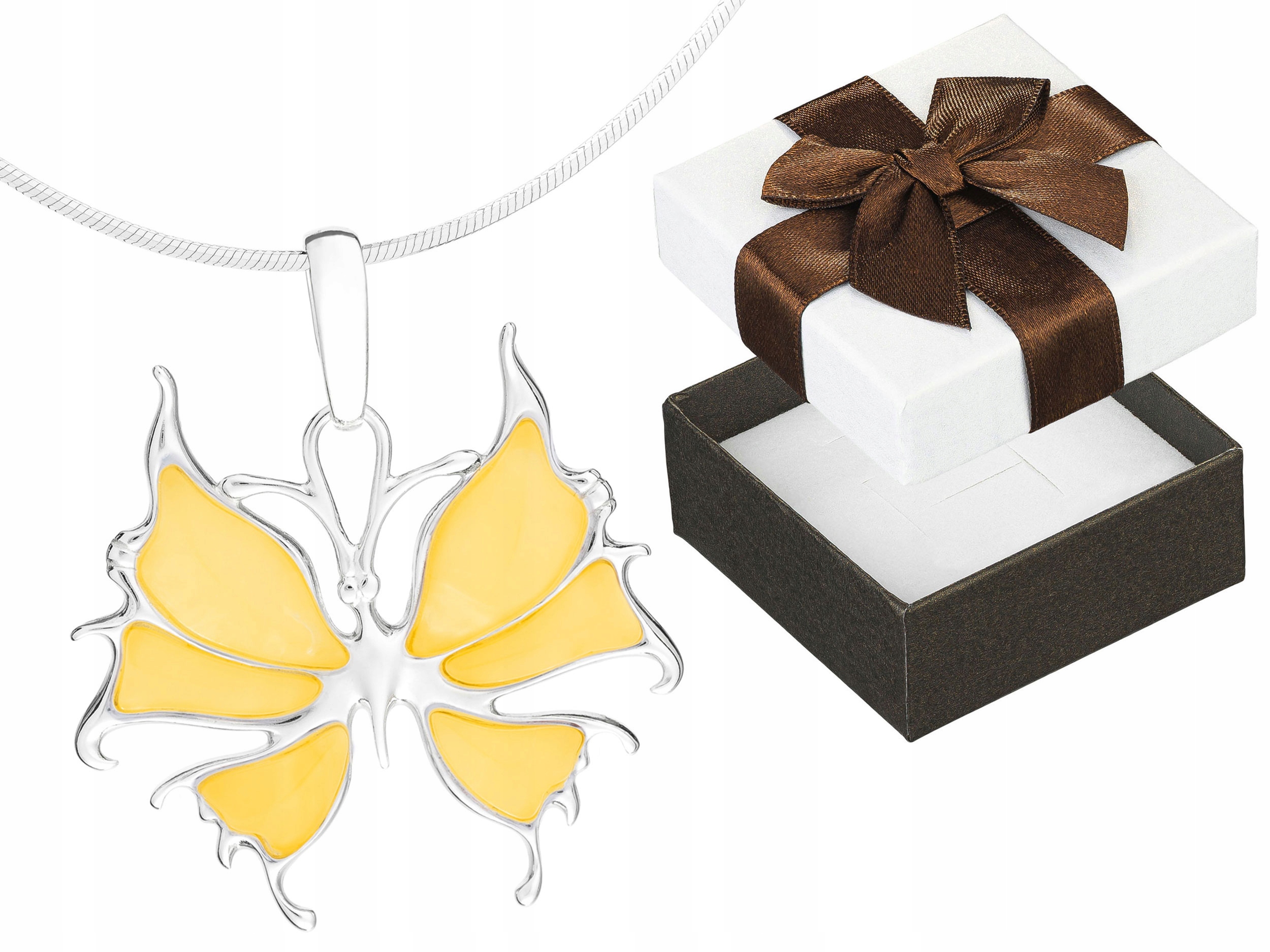 Dlouhý Stříbrný Dámský Náhrdelník Motýl se Žlutým Jantarem Motýlek Stříbro 50