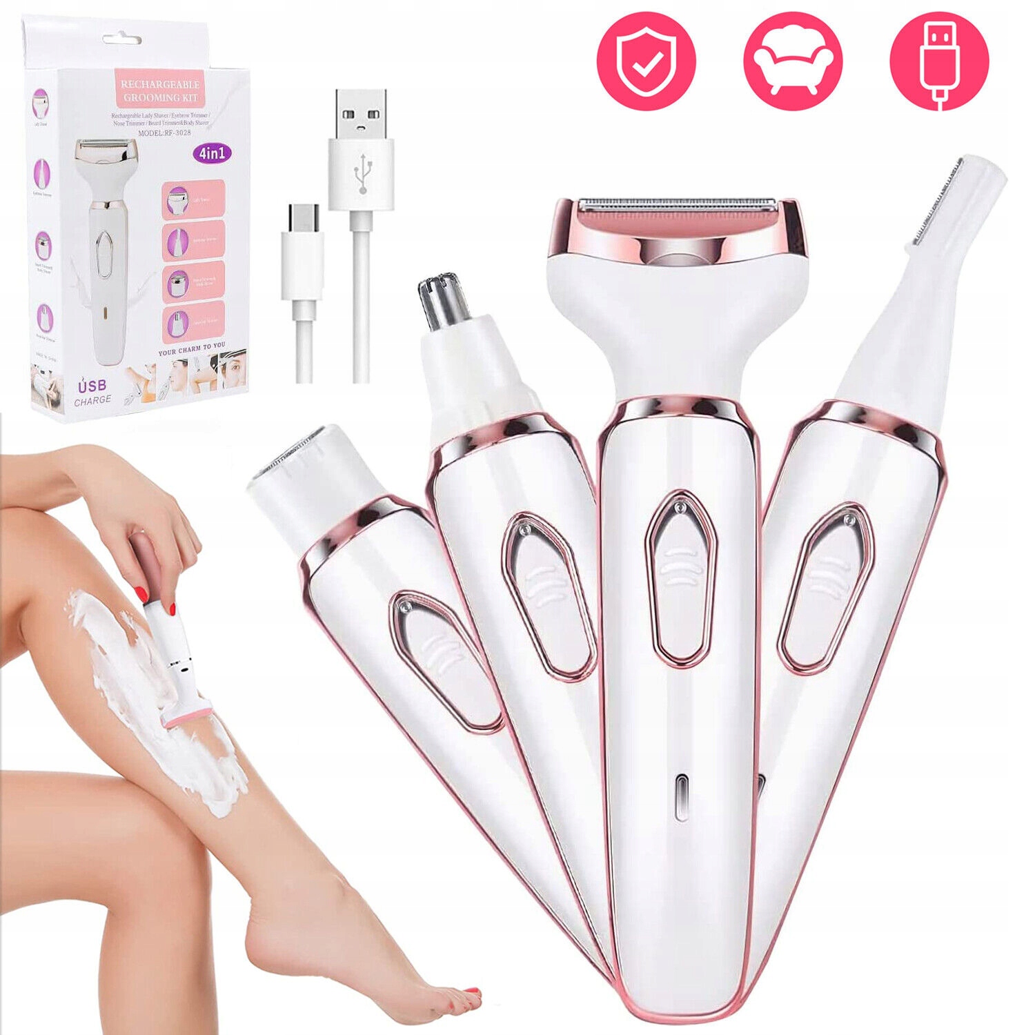 Bezprzewodowa golarka elektryczna dla kobiet 4w1 do twarzy nóg pach i nosa