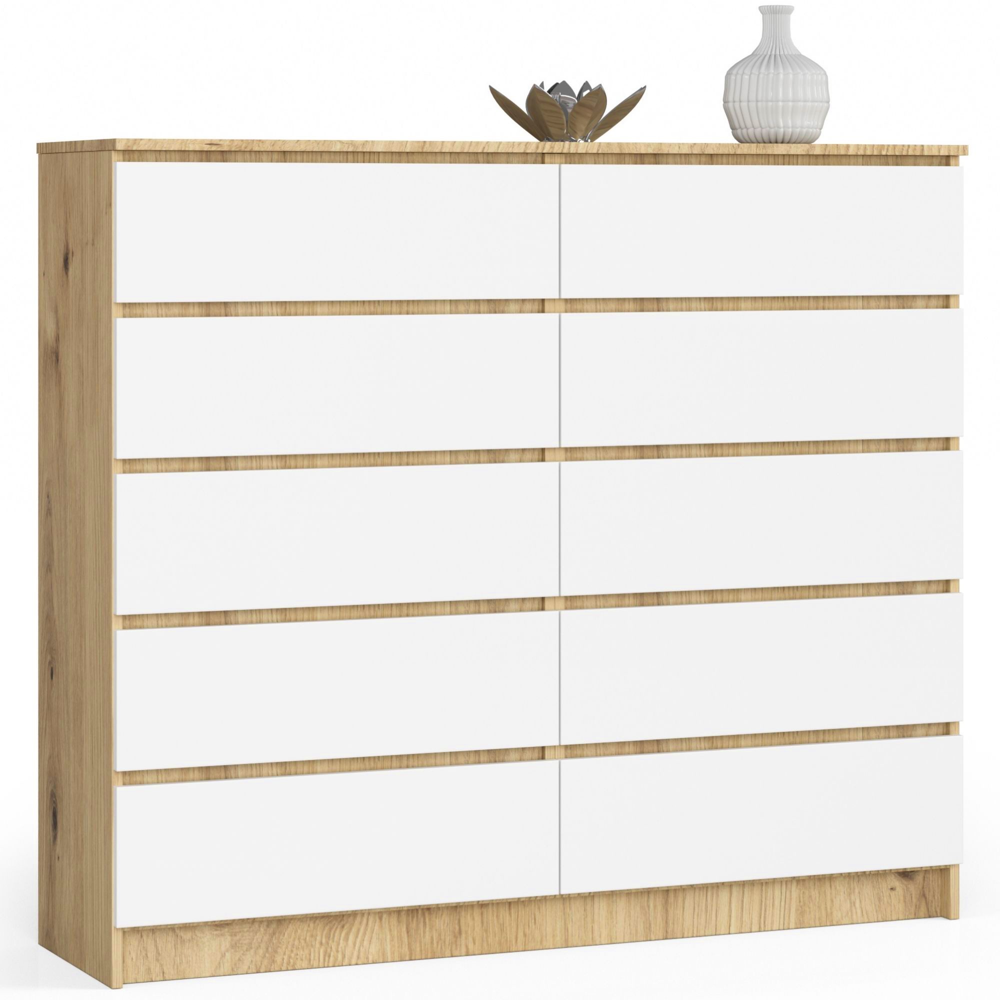 Komoda duża 140 cm 10 szuflad salon szafka wysoka pojemna Dąb Artisan Biała