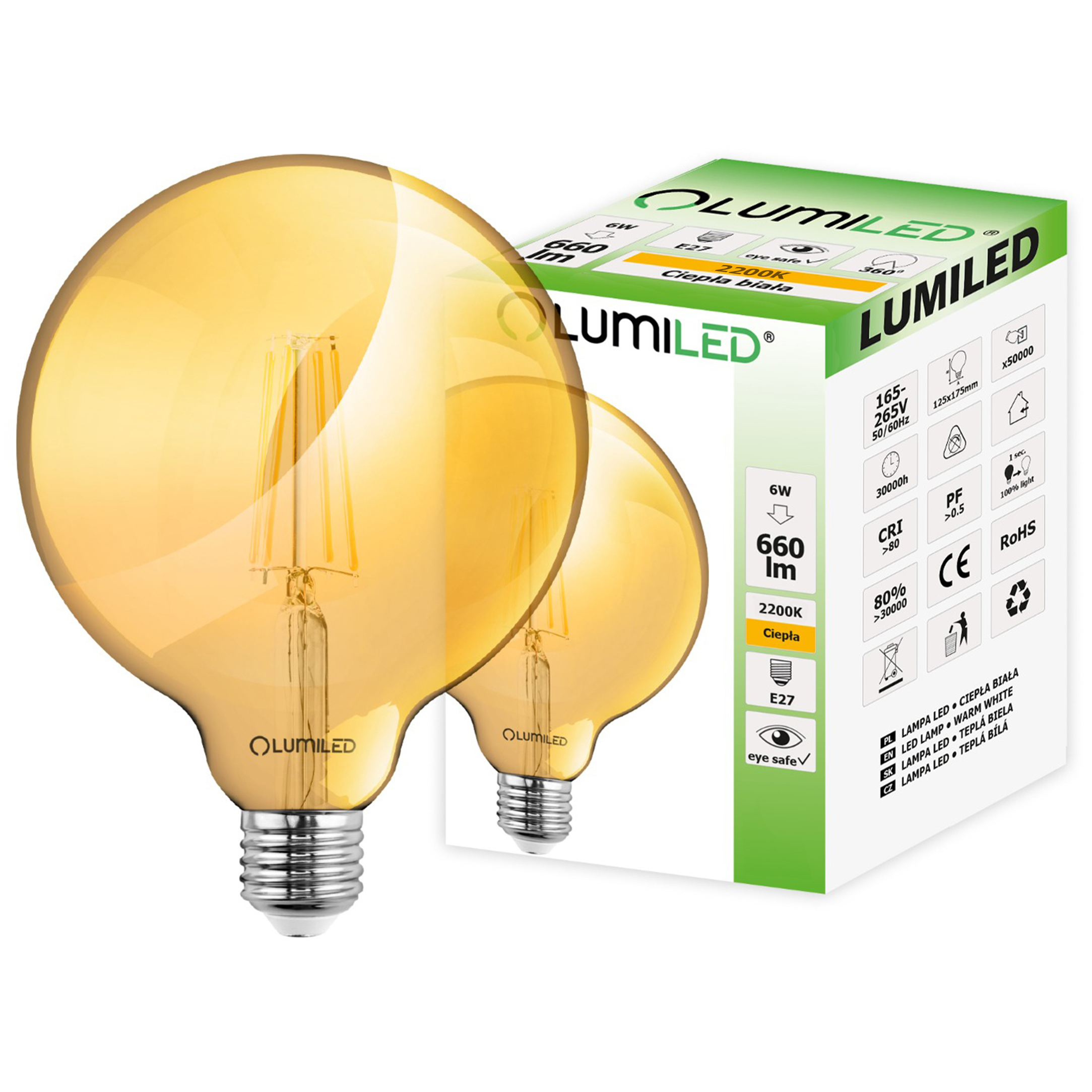 

Żarówka Led E27 Globe G125 6W 50W 2200K Lumiled
