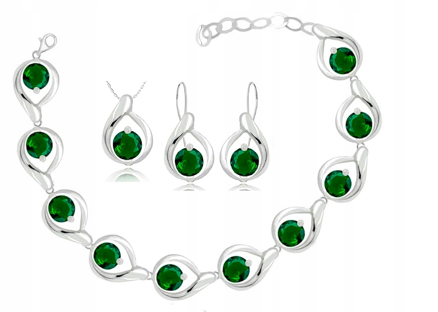 

Srebrny Komplet Biżuterii Z Zielonymi Cyrkoniami