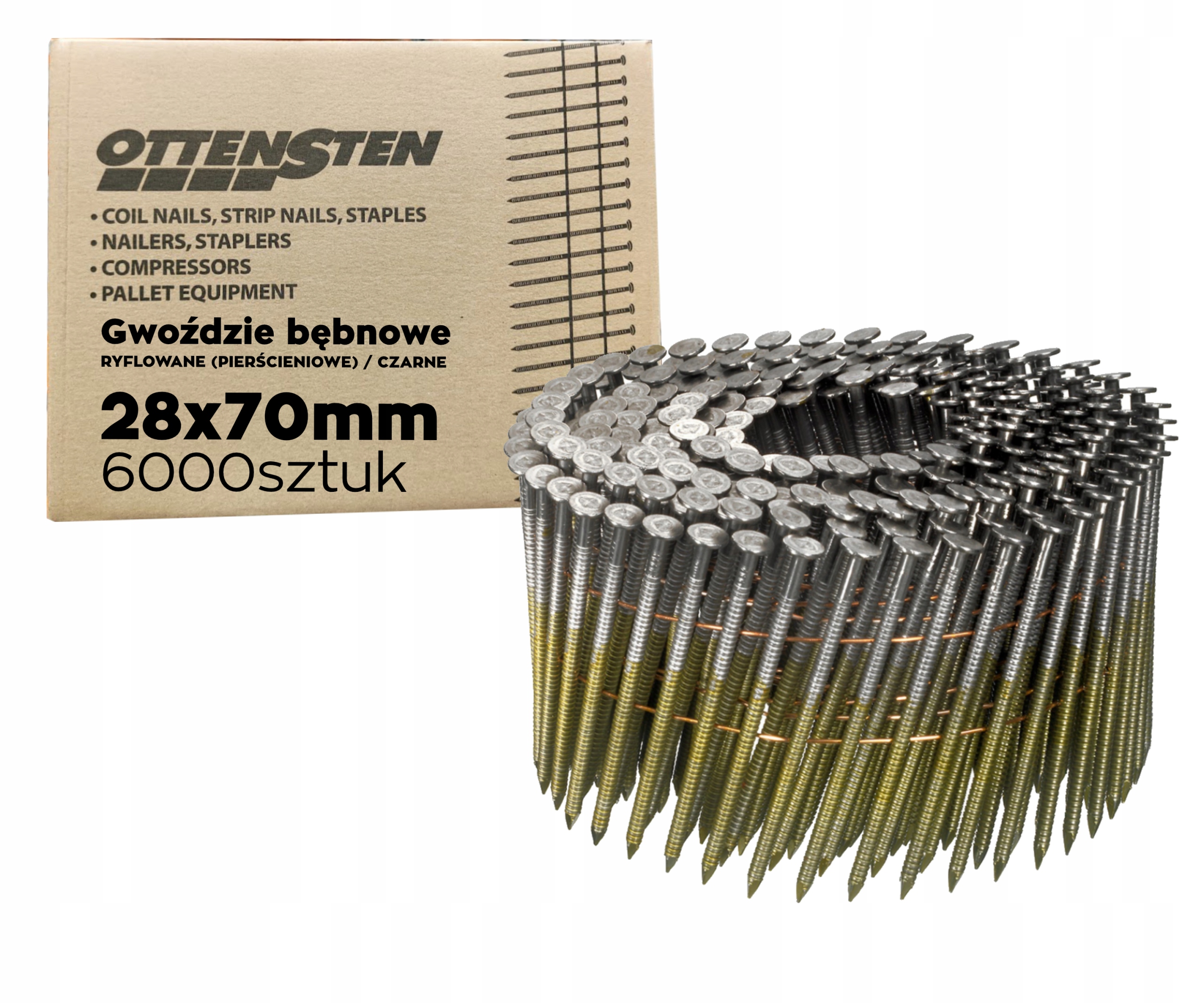 Gwoździe bębnowe ryflowane ocynk pierścieniowe drut 16° 2,8x70mm 6tys