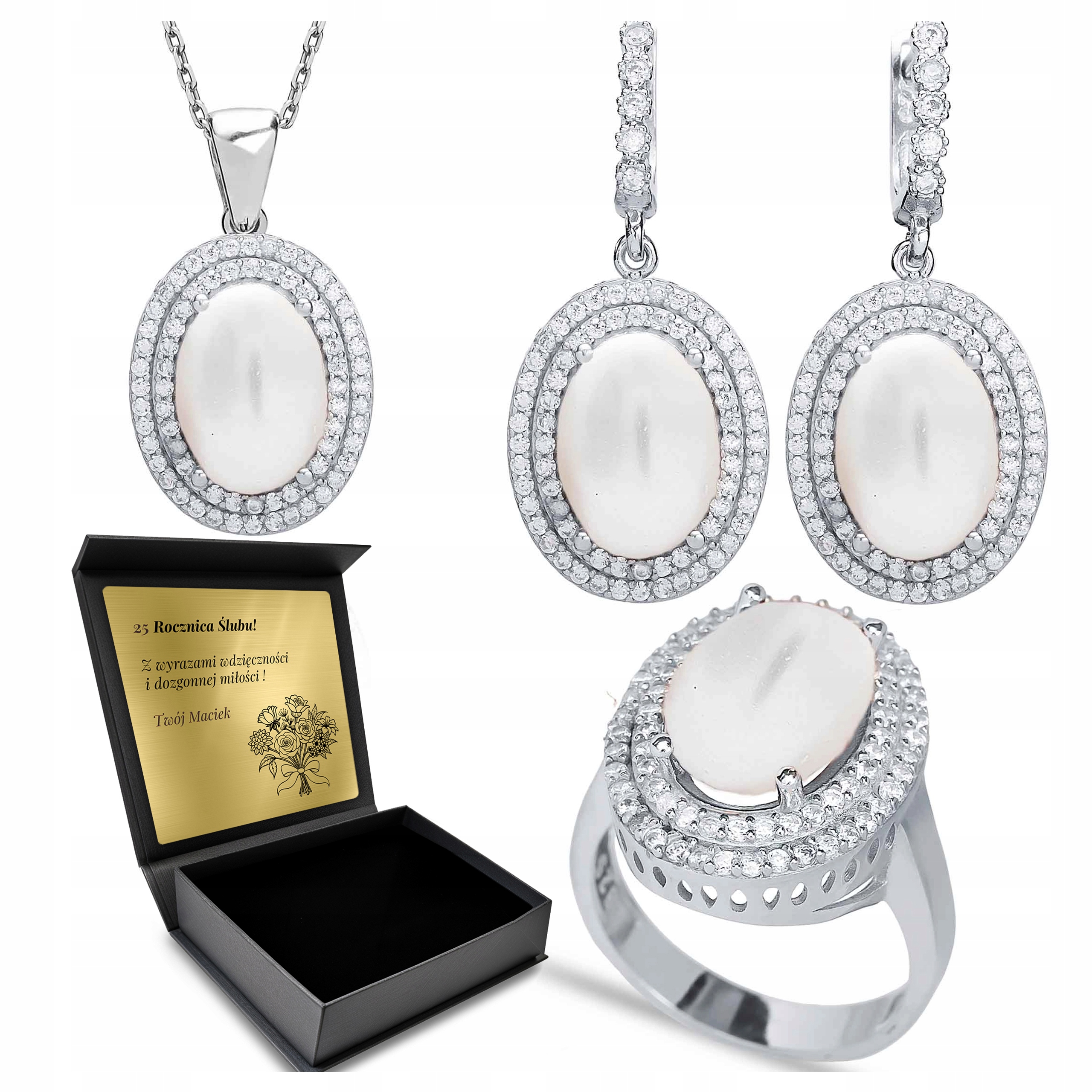 Komplet Stříbrných Šperků 925 Zirkony Perlou Dárek pro ženu Gravírování