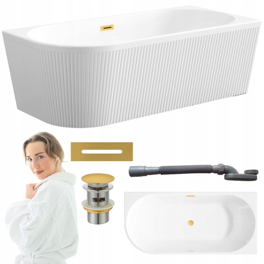 Volně stojící nástěnná rýhovaná vana Pravá Glamour 170 cm sifon zlatý