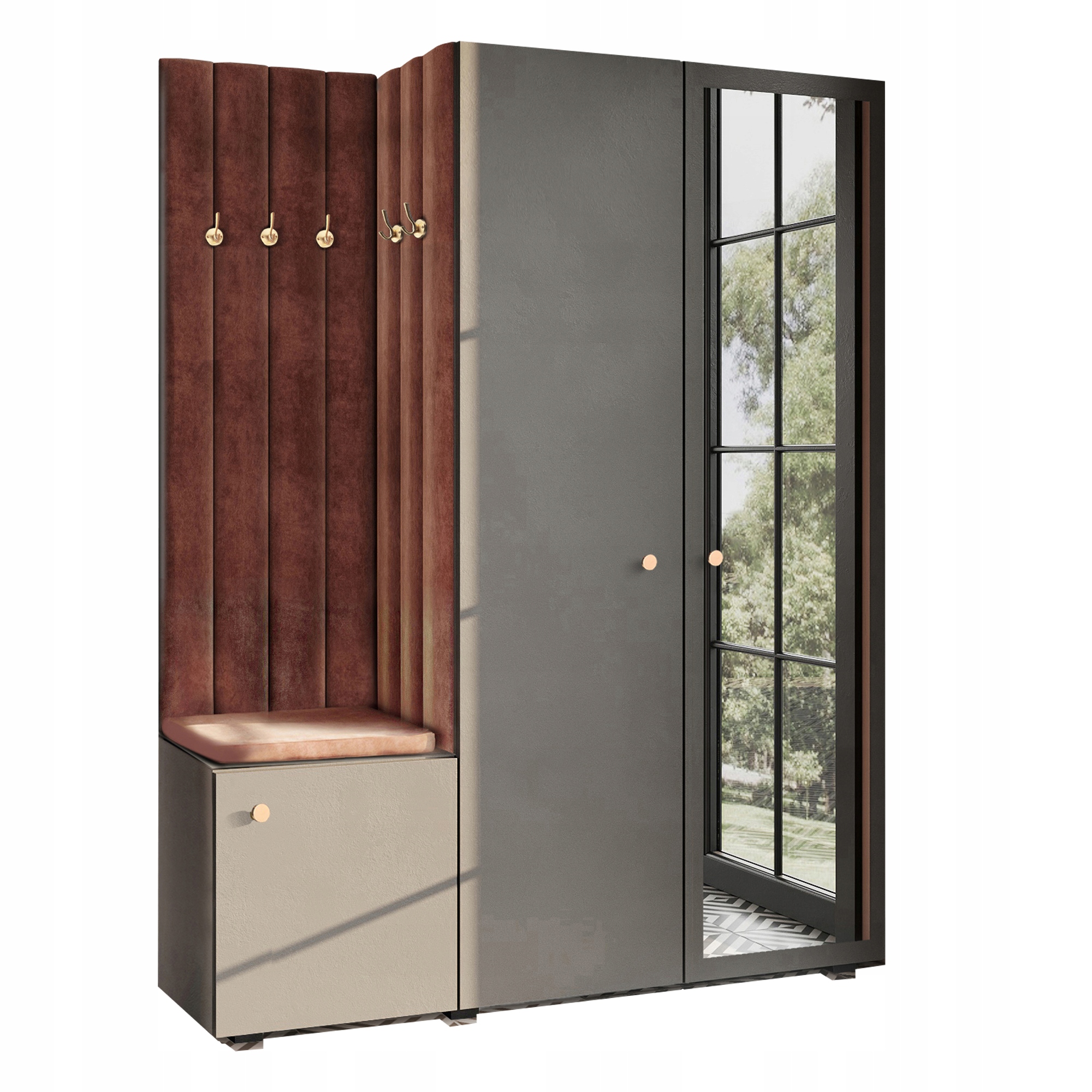 Šatník Do Předsíně Se Sedákem Se Zrcadlem, Šedá Knoflíková Barva, Zlatá 63