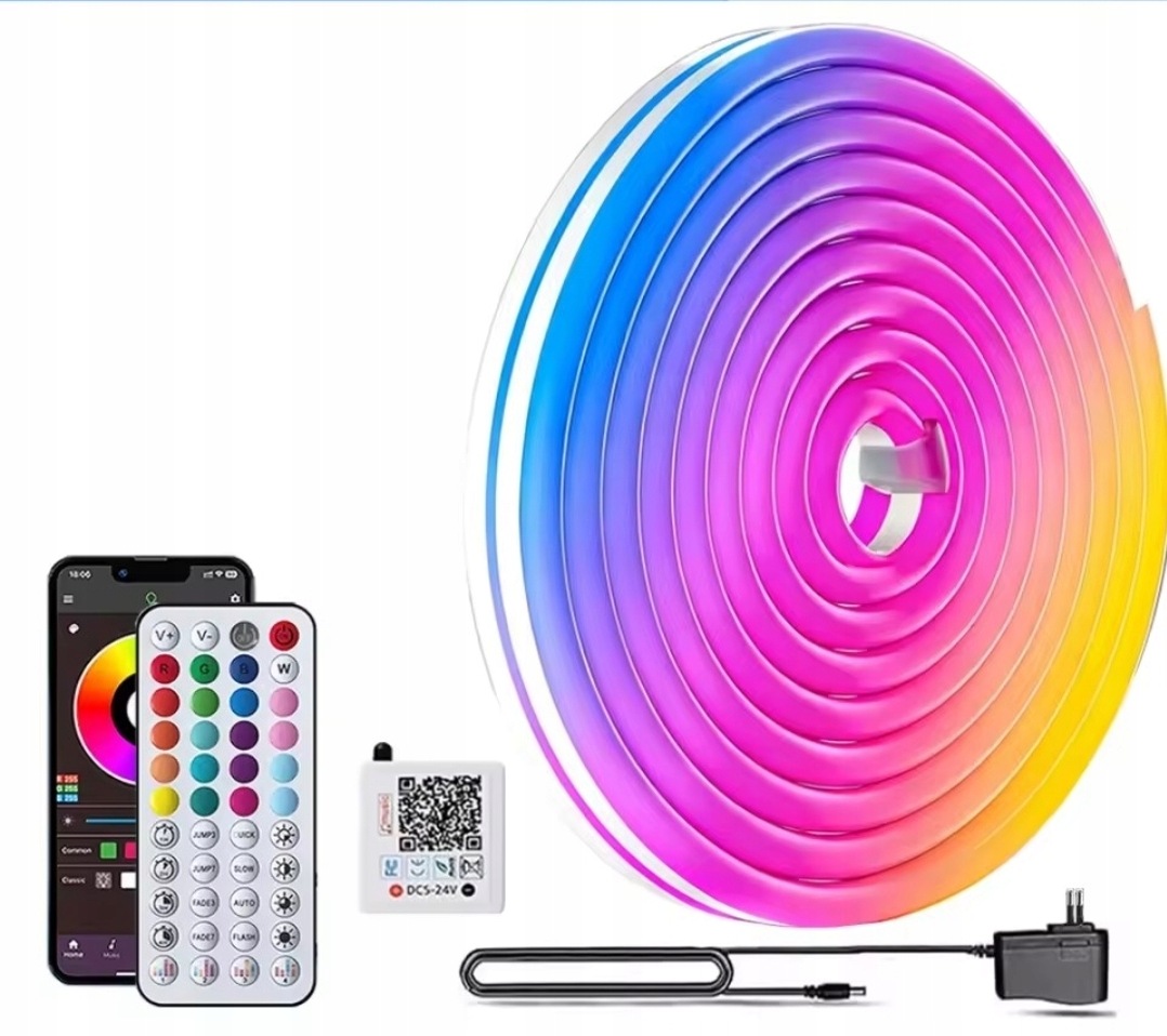Zestaw Taśma Kabel Led Neon 2M Rgb Aplikacja Bluetooth Pilot Zasilacz IP67