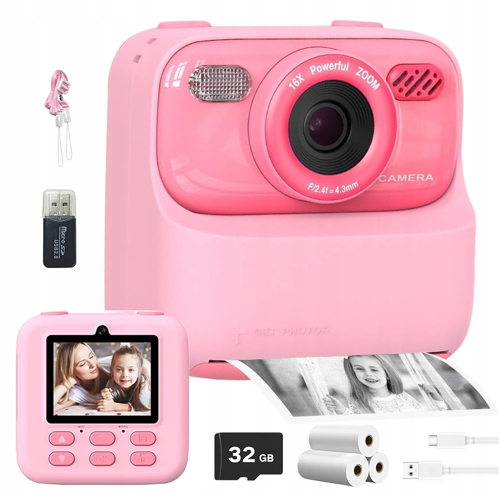 Digitální fotoaparát s tiskem 32 Gb Přehrávač MP3 Obrazovka 2,4" Růžová