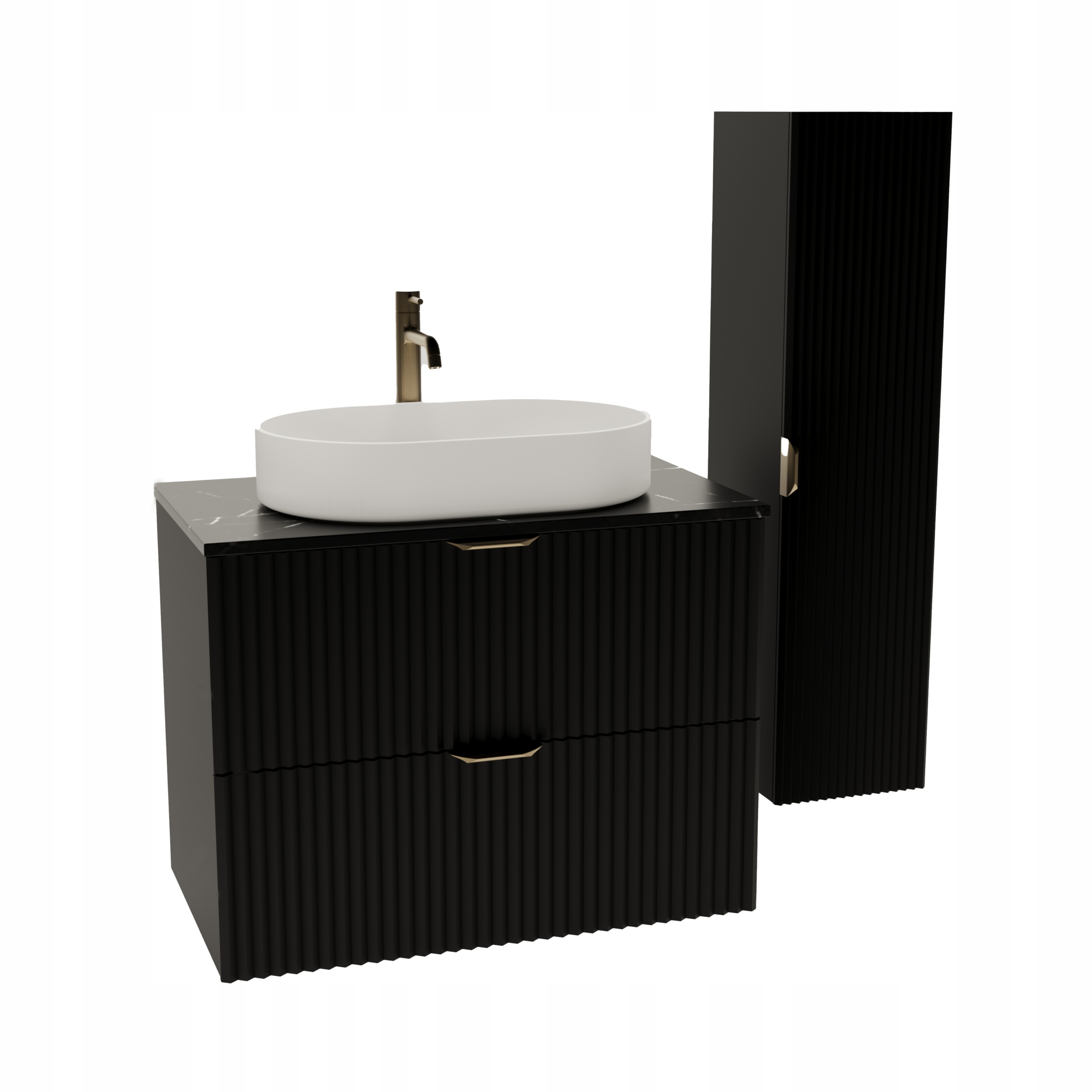 Koupelnová sada: Skříň 80 cm a Sloupek Černá/Mramor Černá deska Willy