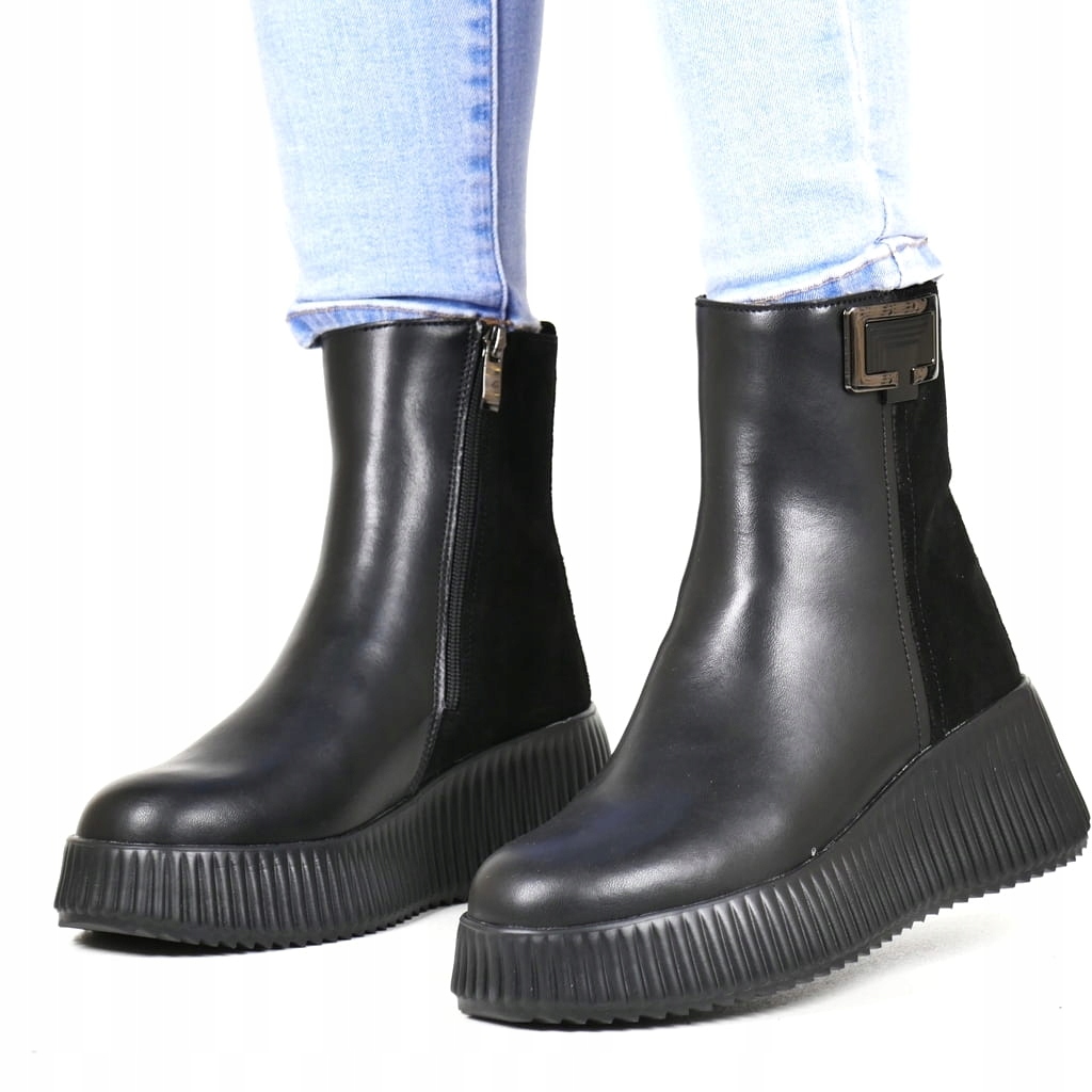 Černé Kotníkové Boty Z Kůže Na Koturně, Platforma S Tlustou Podrážkou, Pohodlné, Velikost 41