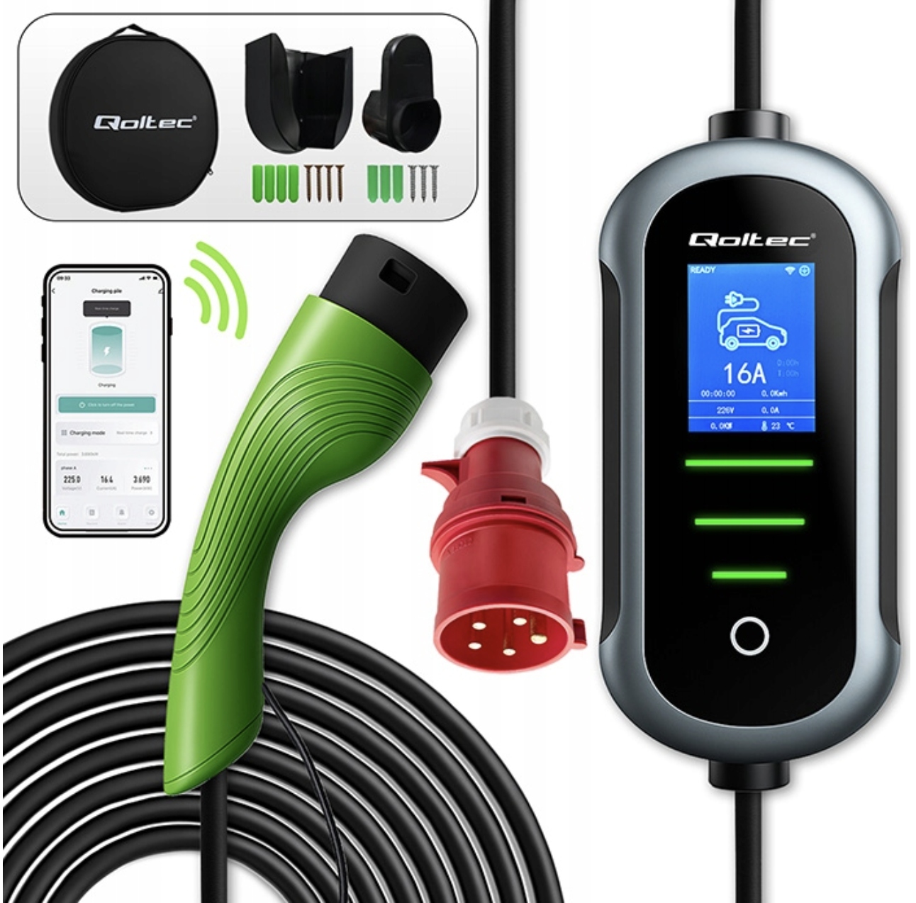 Nabíjačka Ev Qoltec mobilná 11 kW zástrčka 32 A aplikácia WiFi 8-16 A 5 m
