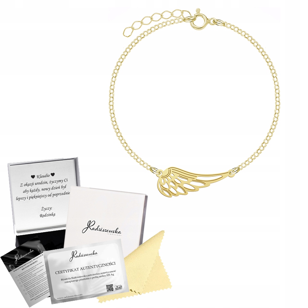 Zlatý náramek Andělské Křídlo Řetízek Narozeniny Stříbro 925 Věnování