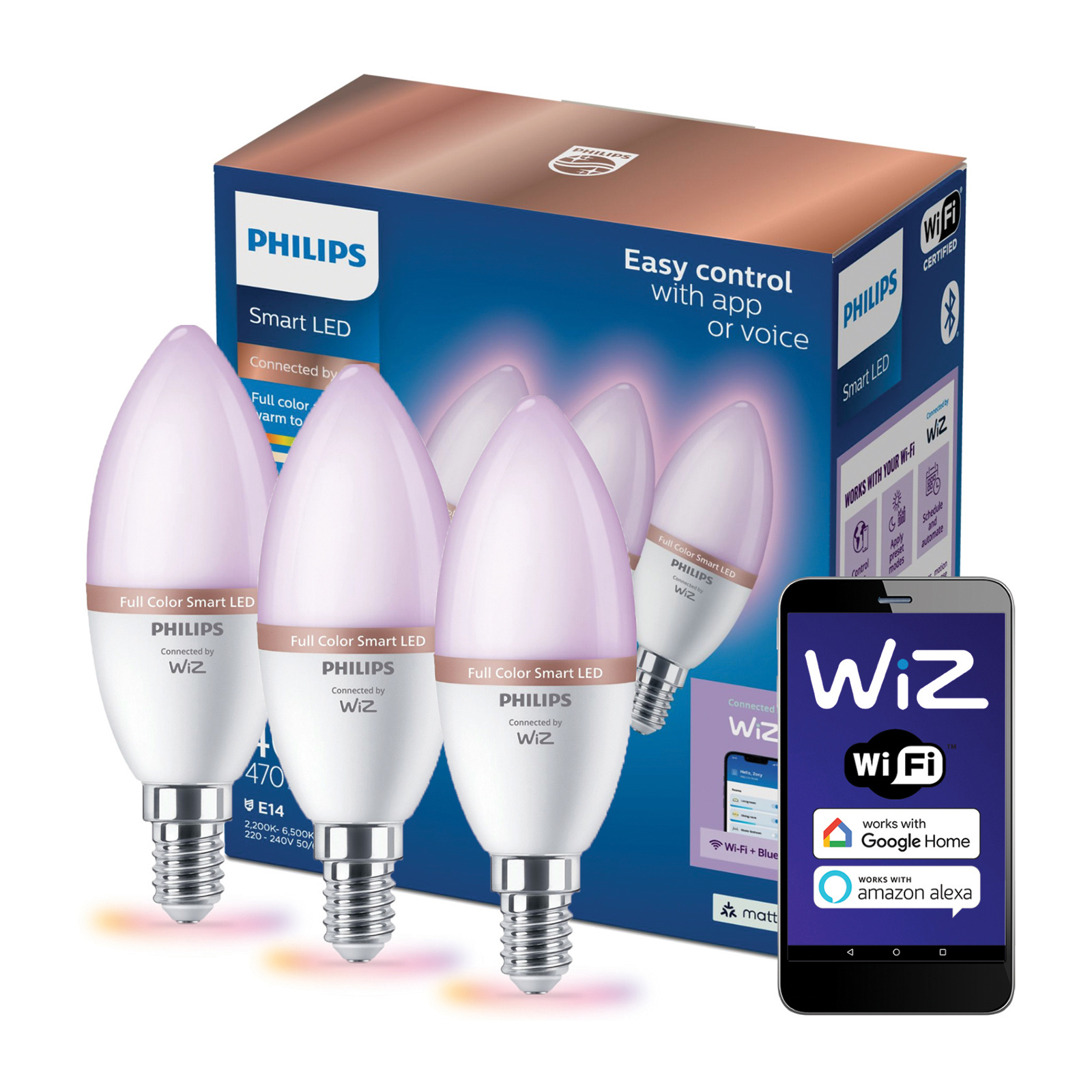 3x Led žárovka E14 C37 4,9W 40W 2200-6500K Rgb Smart WiFi Philips WiZ