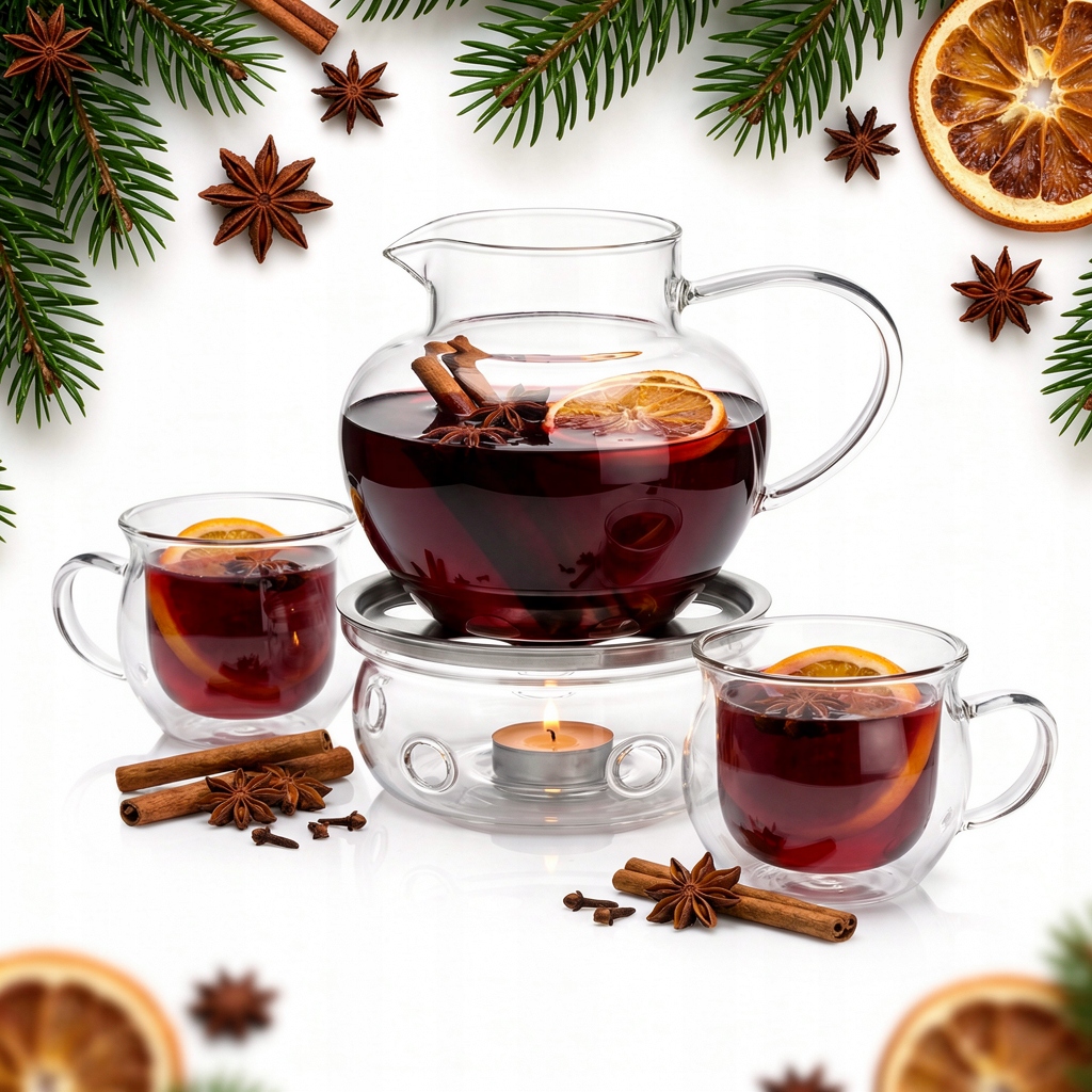 Sada Na Ohřívané Víno 1L Džbán 2x Šálky Ohřívač Sklo