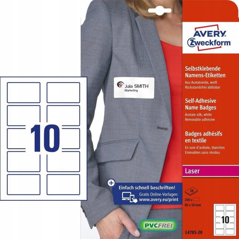 Samoprzylepny identyfikator imienny 80x50 A4 (a"20ark) L4785-20 Avery