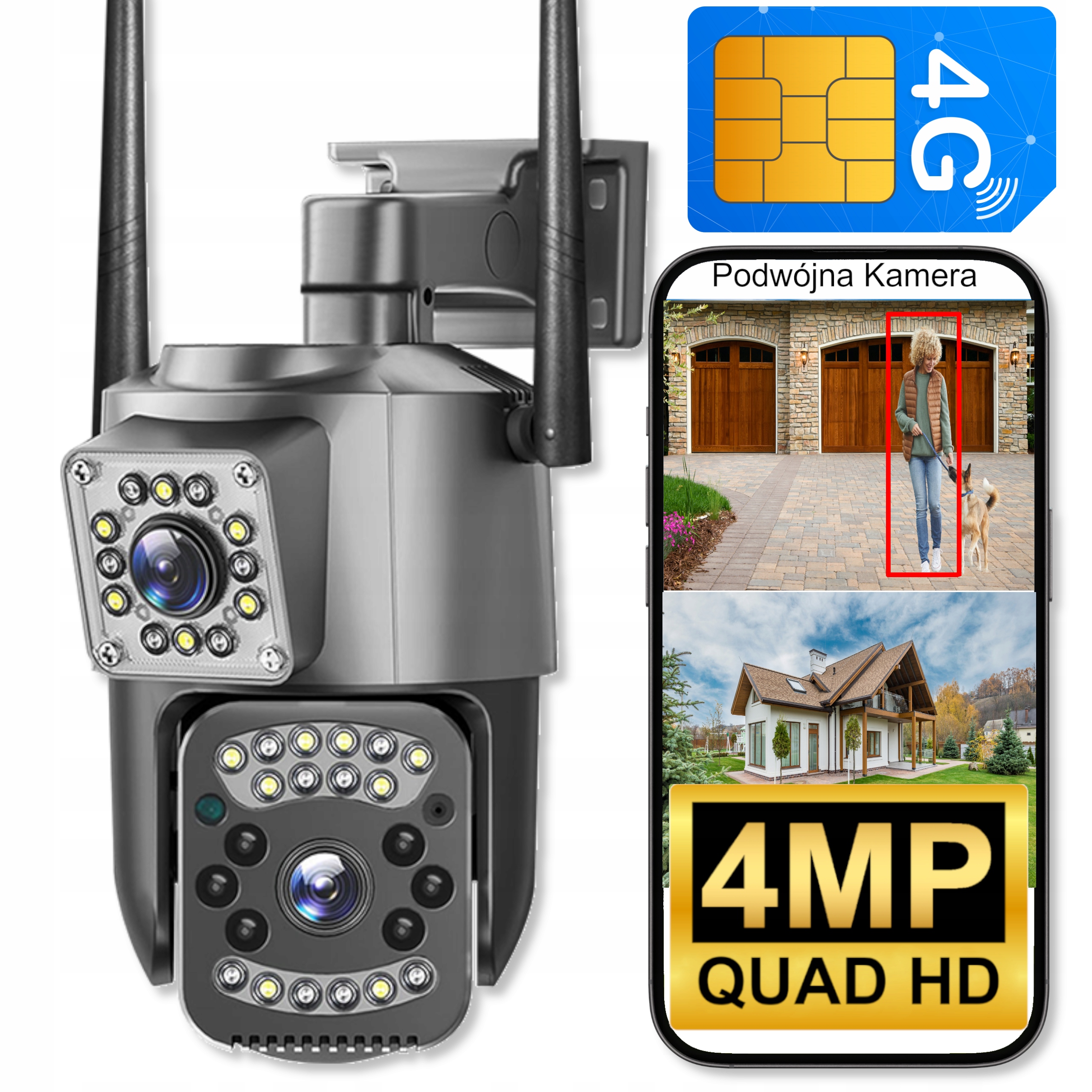 Podwójna Kamera Zewnętrzna 4MPX Qhd 4G Gsm Lte Obrotowa Monitoring Domu