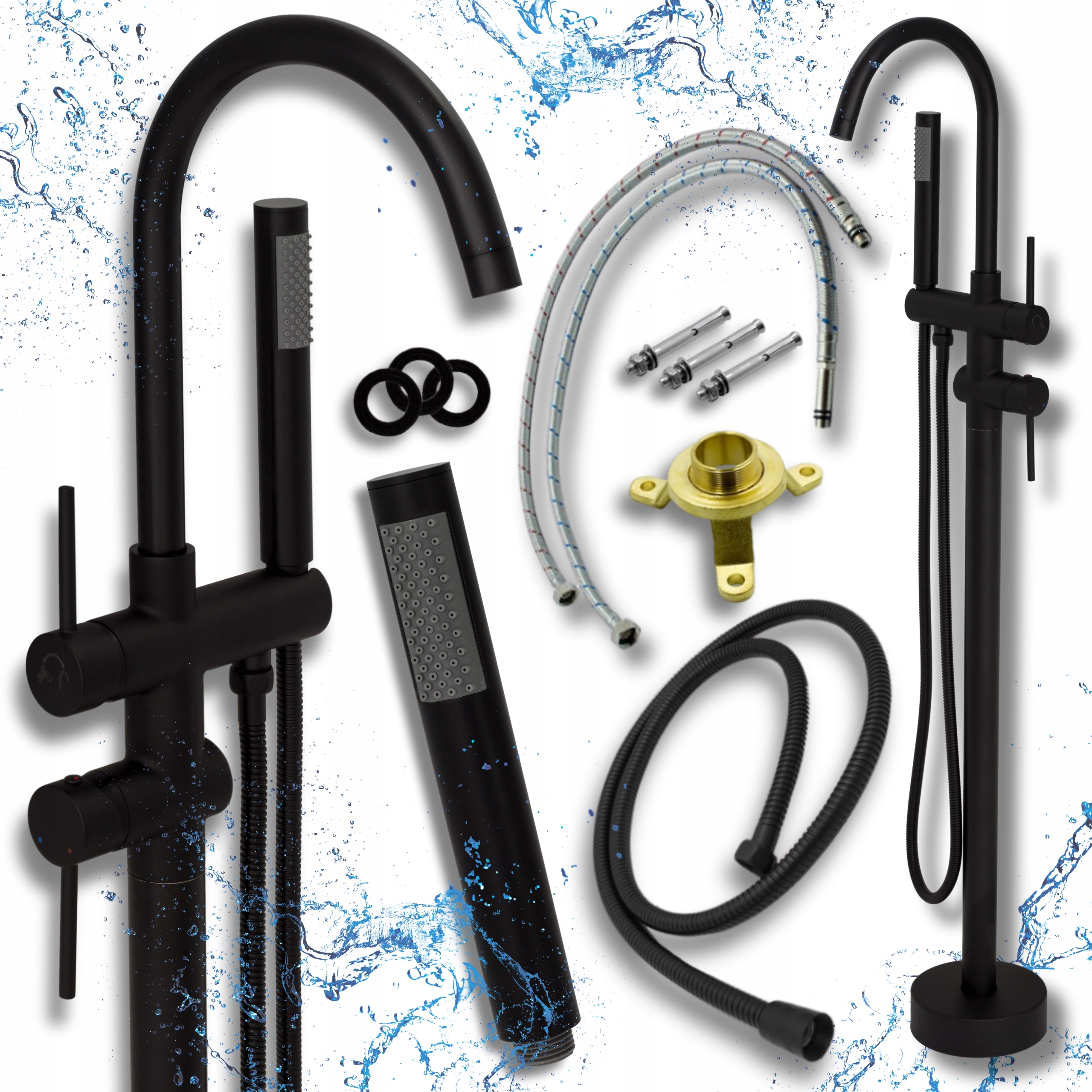 Volně stojící vanová baterie do vany černá Koupelnová s dlouhým výtokové ramínko