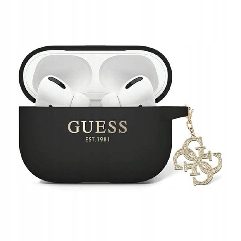 Guess Liquid Silicone Glitter Triangle Charm Pouzdro pro AirPods Pro 2 (černé)