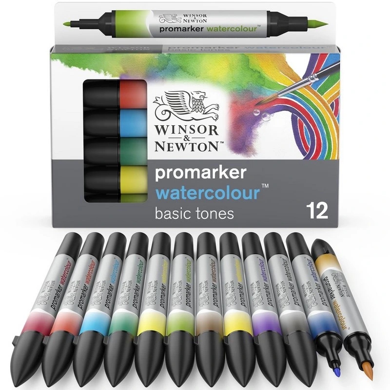 Akvarelové fixy Winsor & Newton Promarker Brush & Fine, 12ks Basic