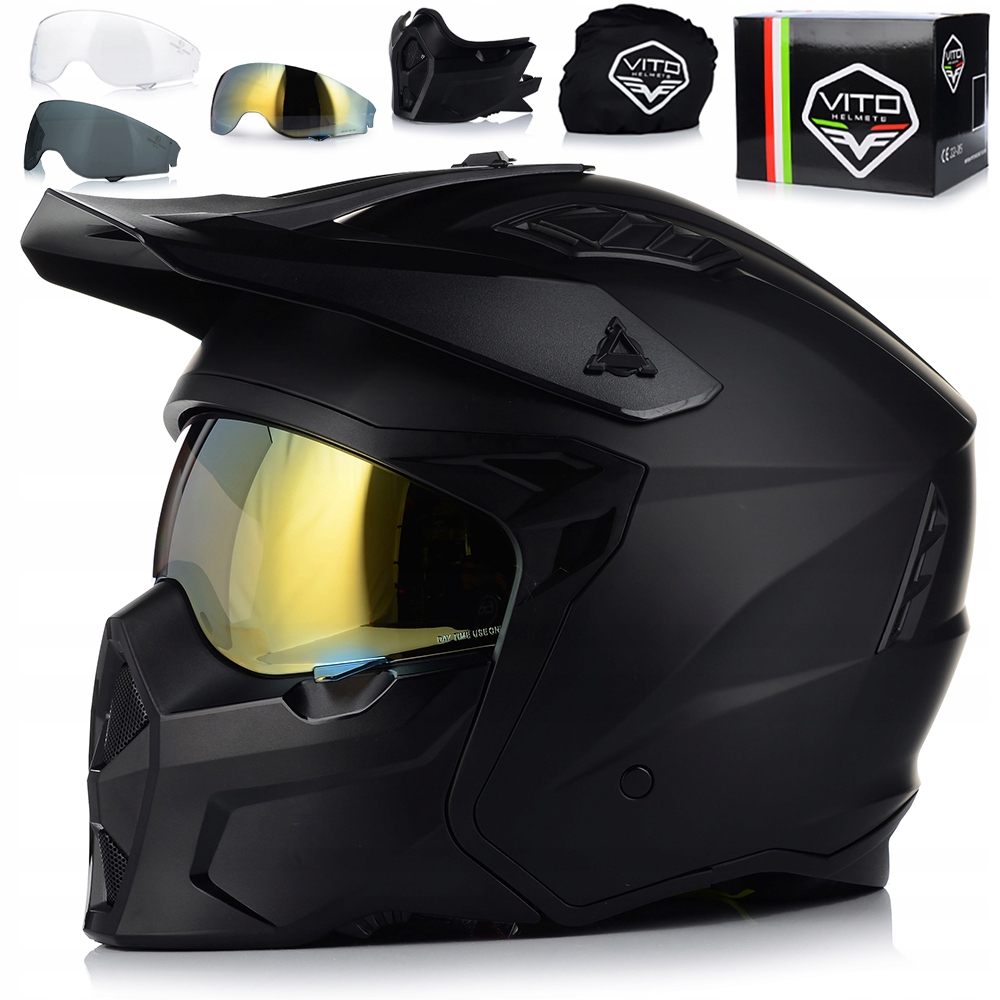 Motocyklová Prilba 4v1 Vito Predator Matt Odnímateľná Čepeľ Strieška 3x Sklo