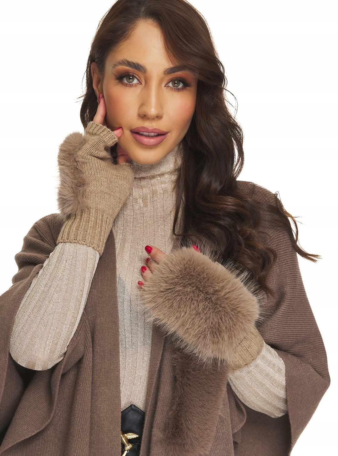 RĘKAWICZKI BEZ PALCÓW mitenki z futerkiem beżowe Marka inna