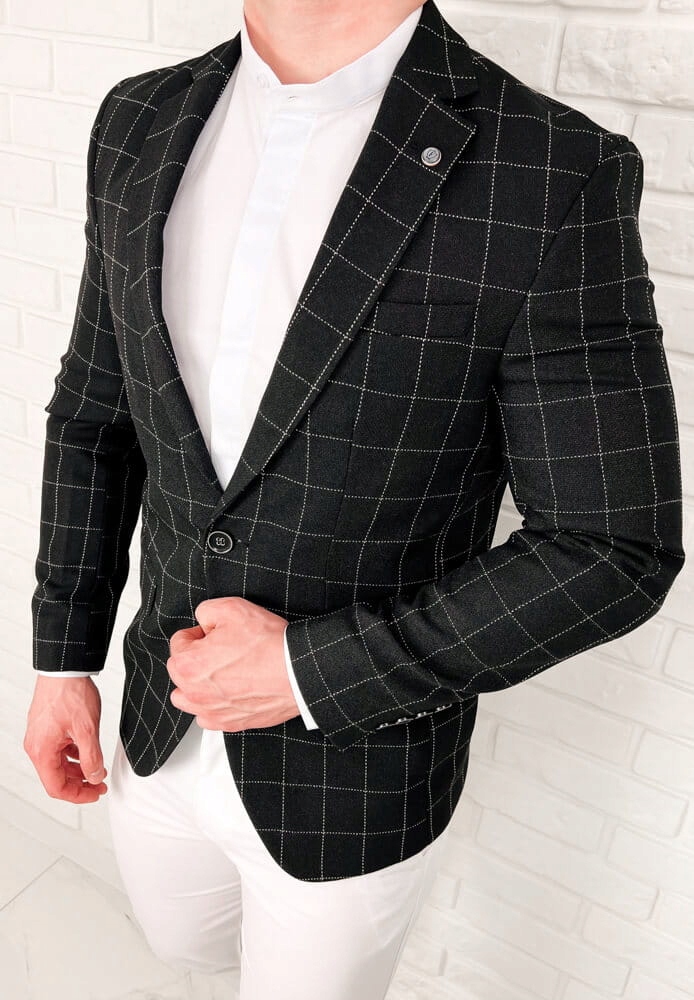Czarna elegancka w krate marynarka meska slim - 56 Rodzaj jednorzędowy